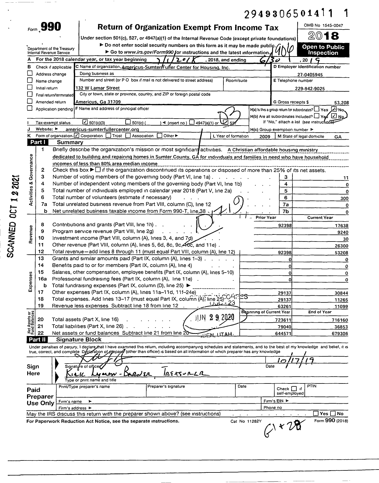 Image of first page of 2018 Form 990 for Americus-Sumter Fuller Center for Housing