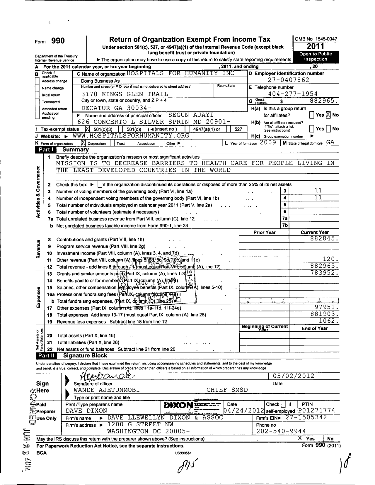 Image of first page of 2011 Form 990 for Hospitals for Humanity Foundation