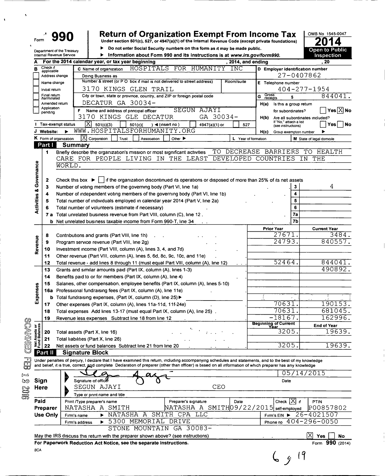 Image of first page of 2014 Form 990 for Hospitals for Humanity Foundation