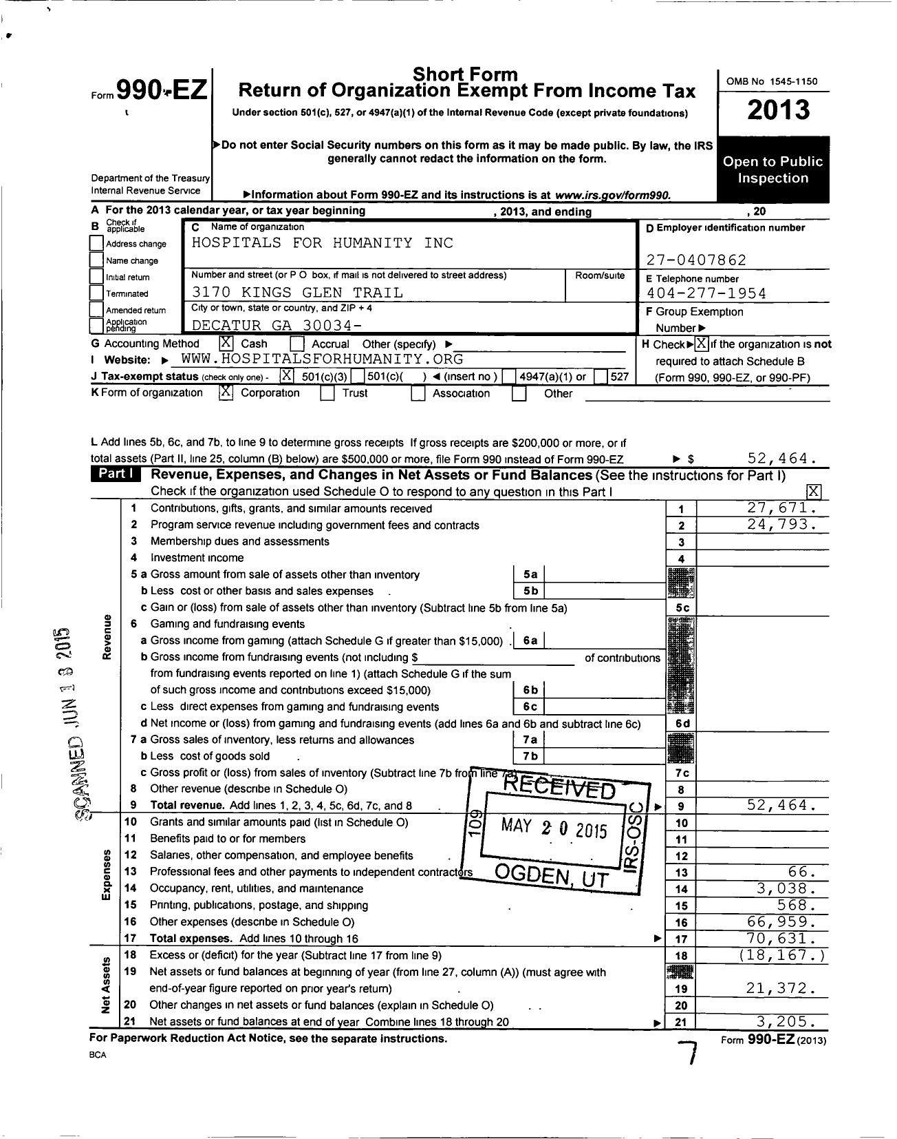 Image of first page of 2013 Form 990EZ for Hospitals for Humanity Foundation