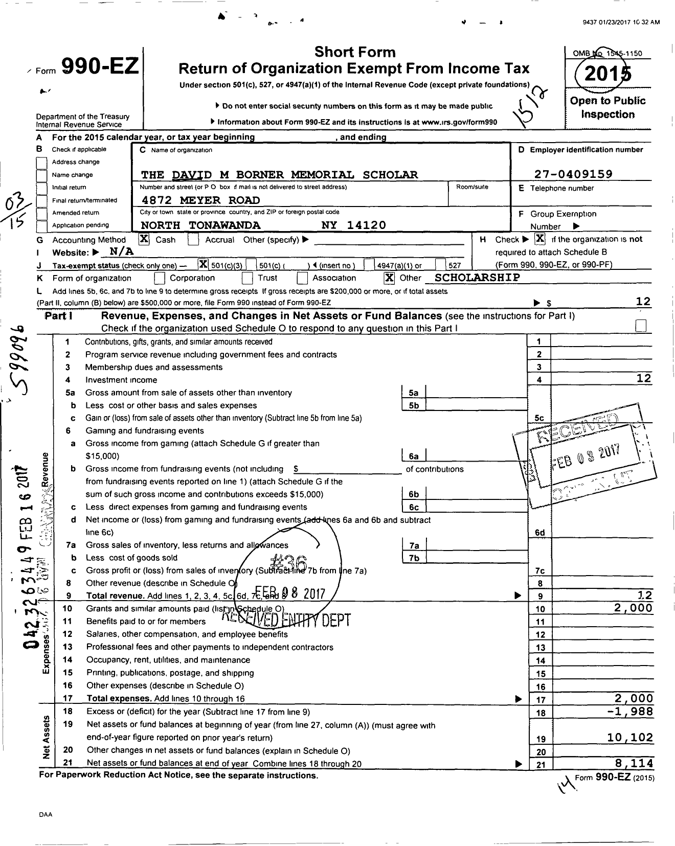 Image of first page of 2015 Form 990EZ for The David M Borner Memorial Scholarship Fund