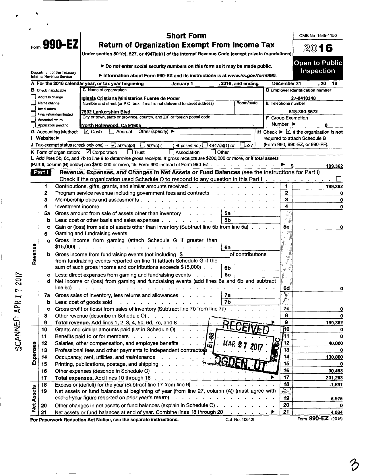 Image of first page of 2016 Form 990EZ for Iglesia Cristiana Ministerios Fuente de Poder