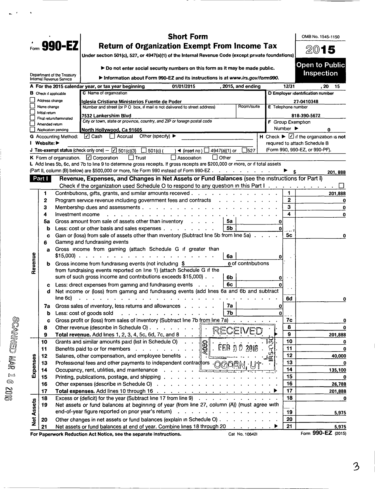 Image of first page of 2015 Form 990EZ for Iglesia Cristiana Ministerios Fuente de Poder