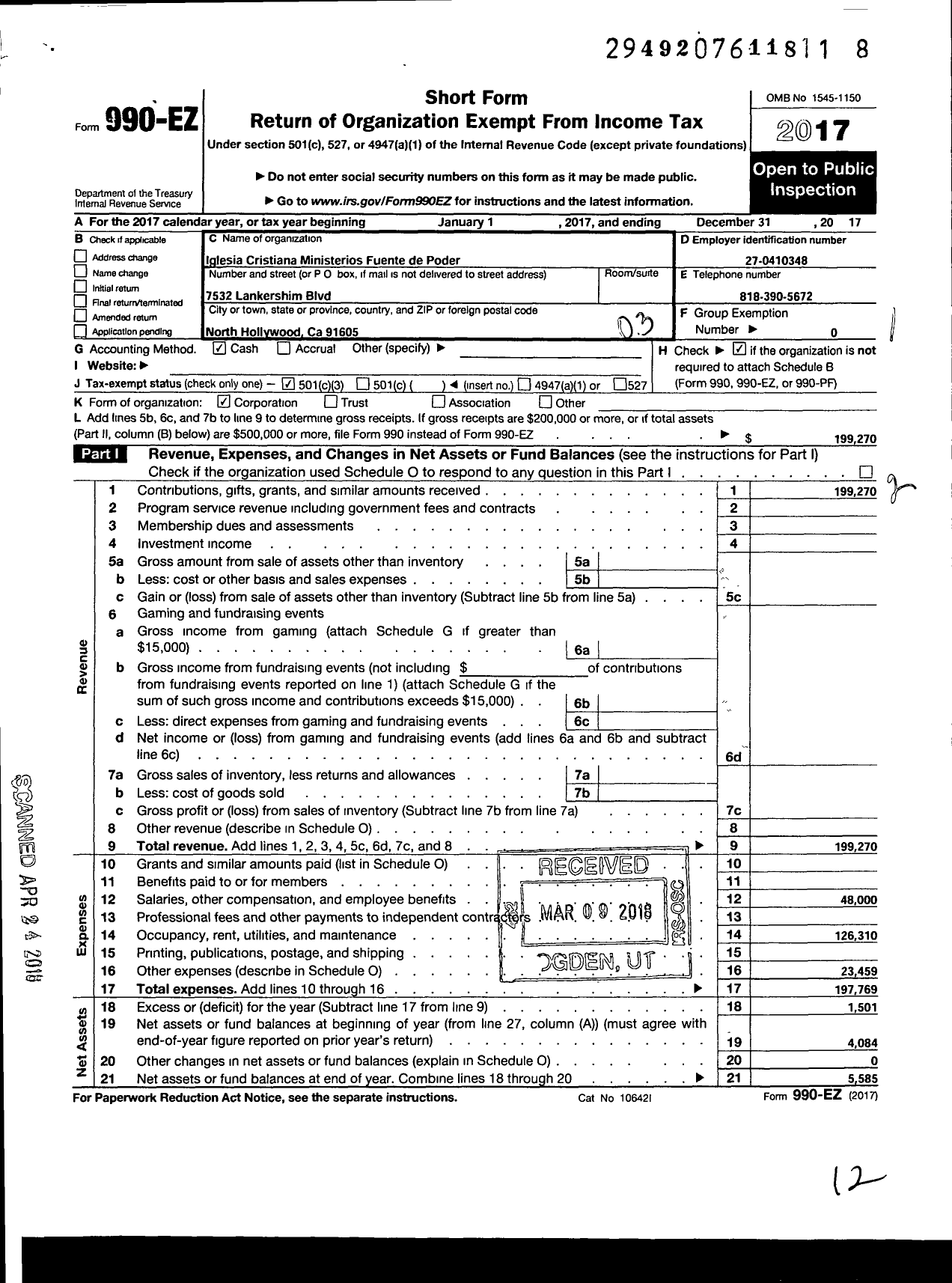 Image of first page of 2017 Form 990EZ for Iglesia Cristiana Ministerios Fuente de Poder