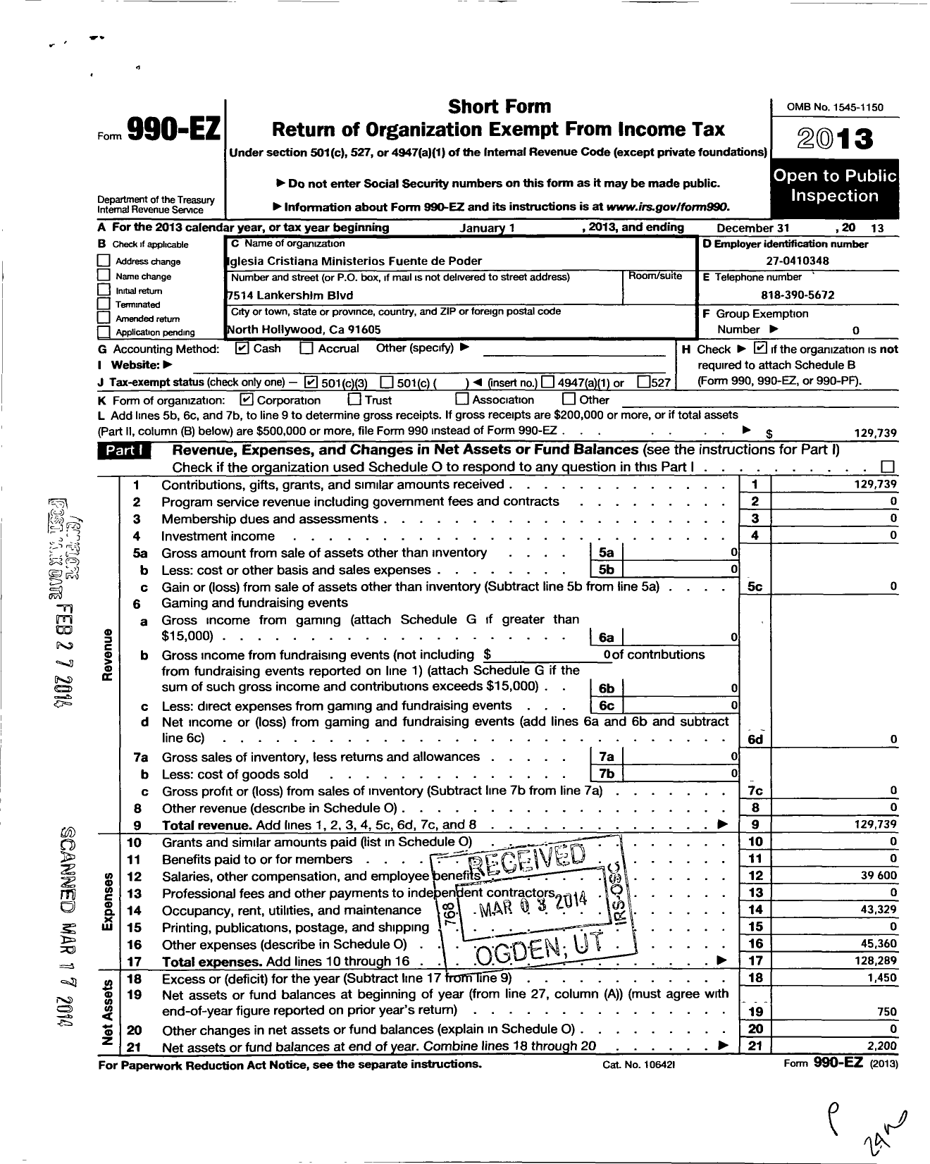 Image of first page of 2013 Form 990EZ for Iglesia Cristiana Ministerios Fuente de Poder