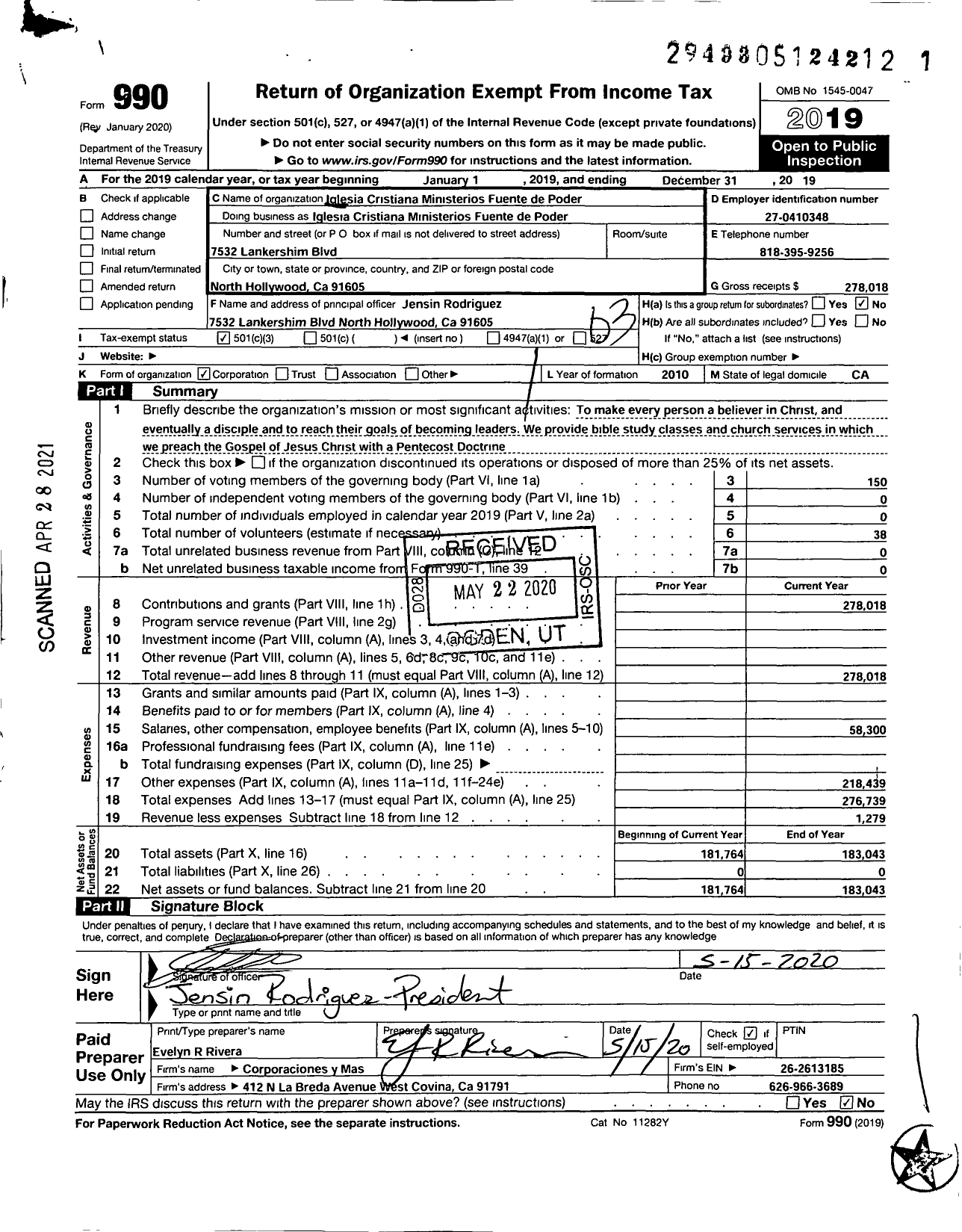 Image of first page of 2019 Form 990 for Iglesia Cristiana Ministerios Fuente de Poder