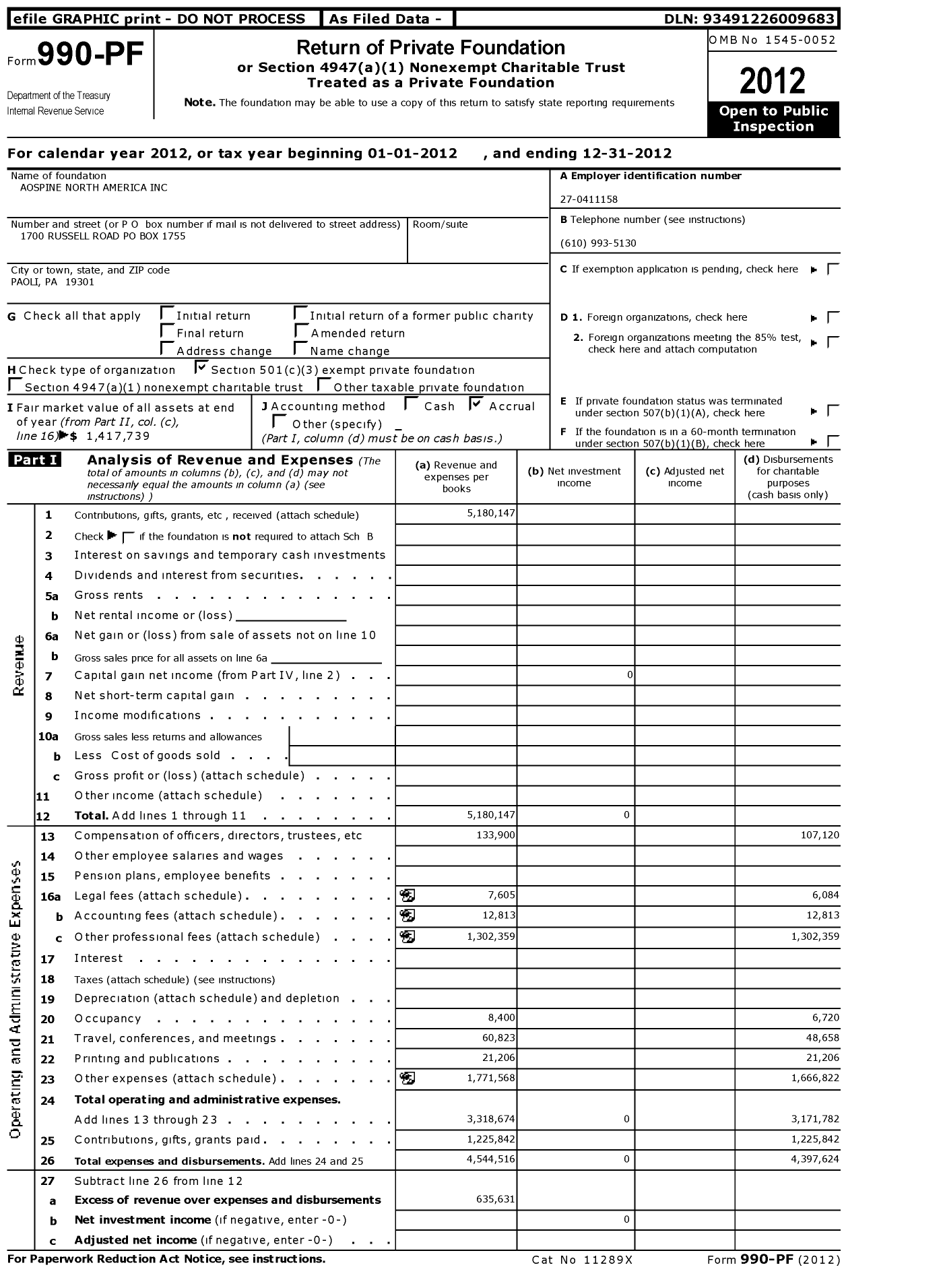 Image of first page of 2012 Form 990PF for AOSpine North America