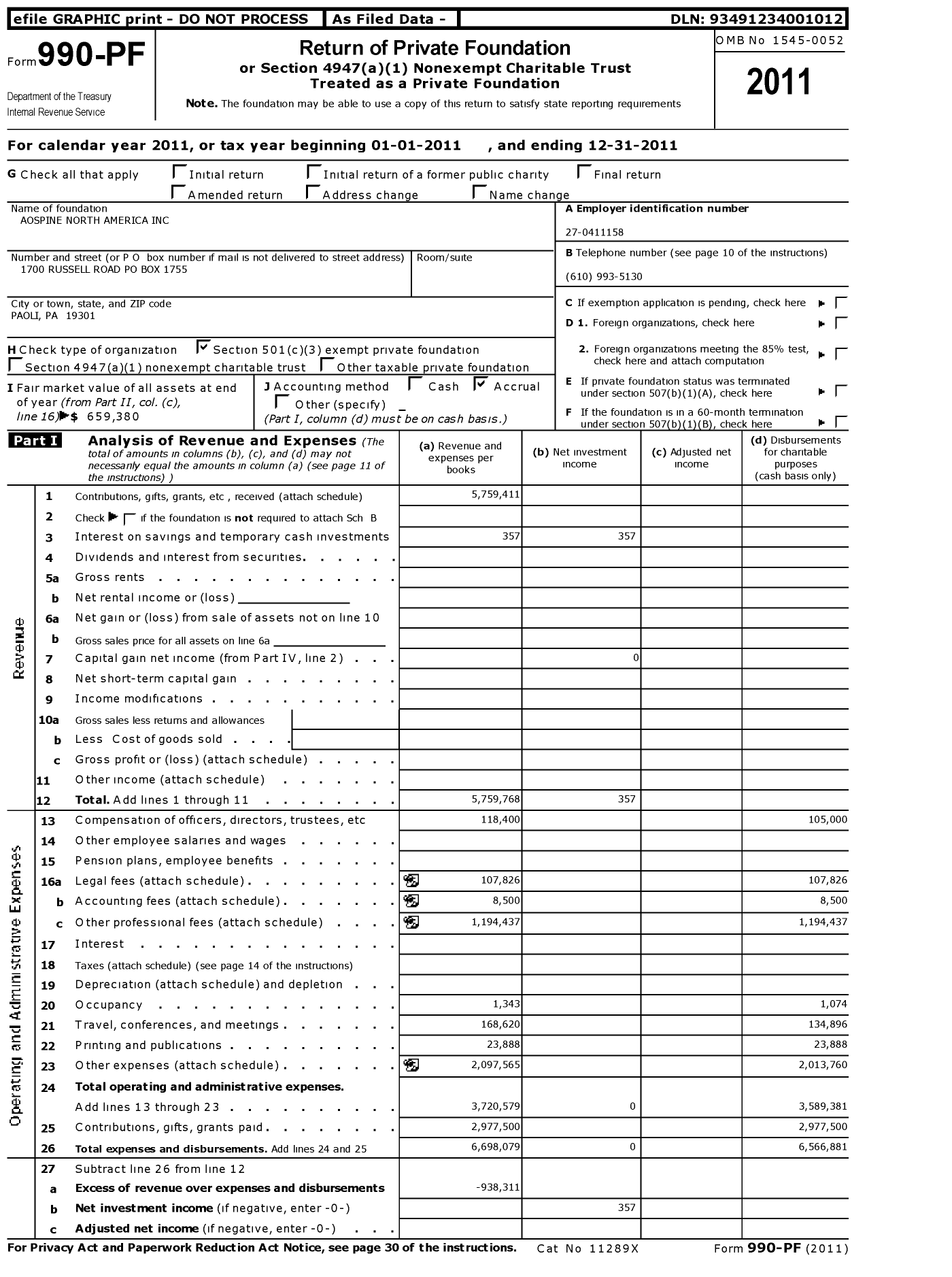 Image of first page of 2011 Form 990PF for AOSpine North America