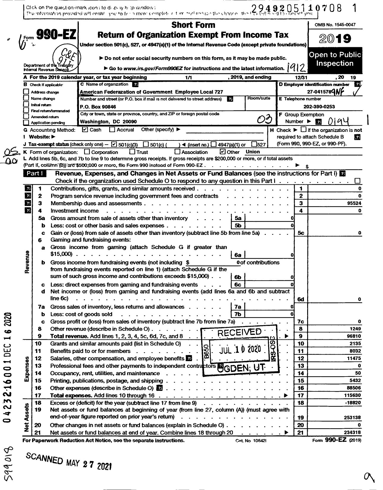 Image of first page of 2019 Form 990EO for AMERICAN FEDERATION OF GOVERNMENT EMPLOYEES - 0727 Afge Local