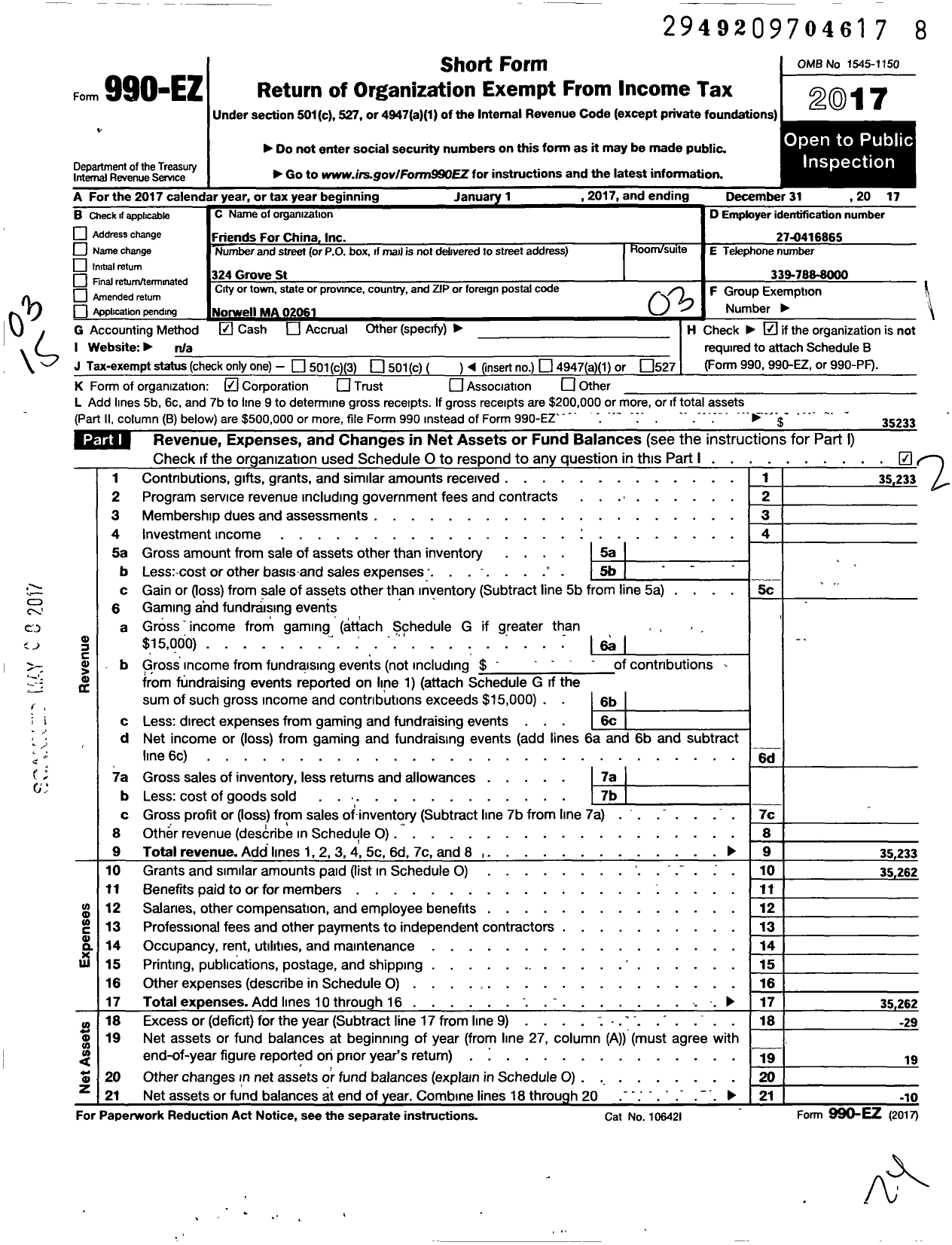 Image of first page of 2017 Form 990EZ for Friends for China