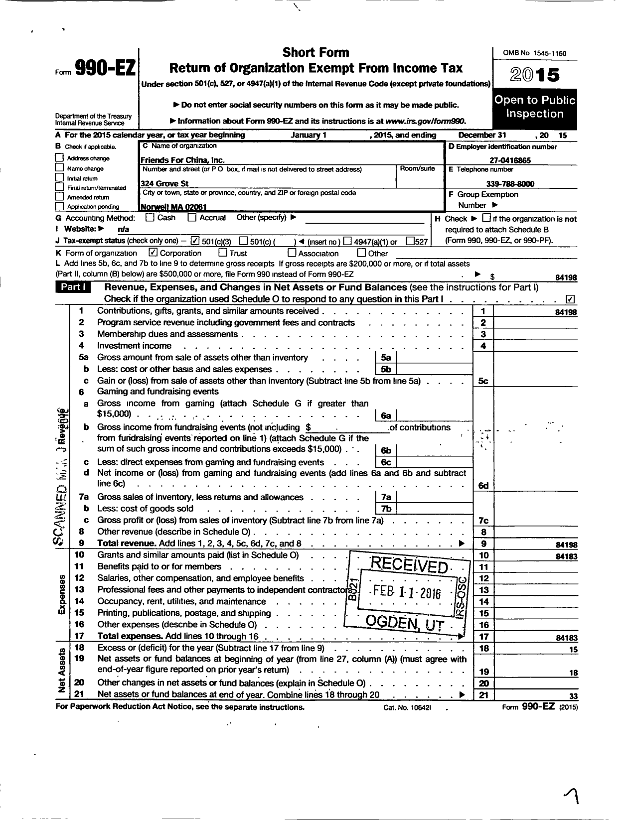 Image of first page of 2015 Form 990EZ for Friends for China