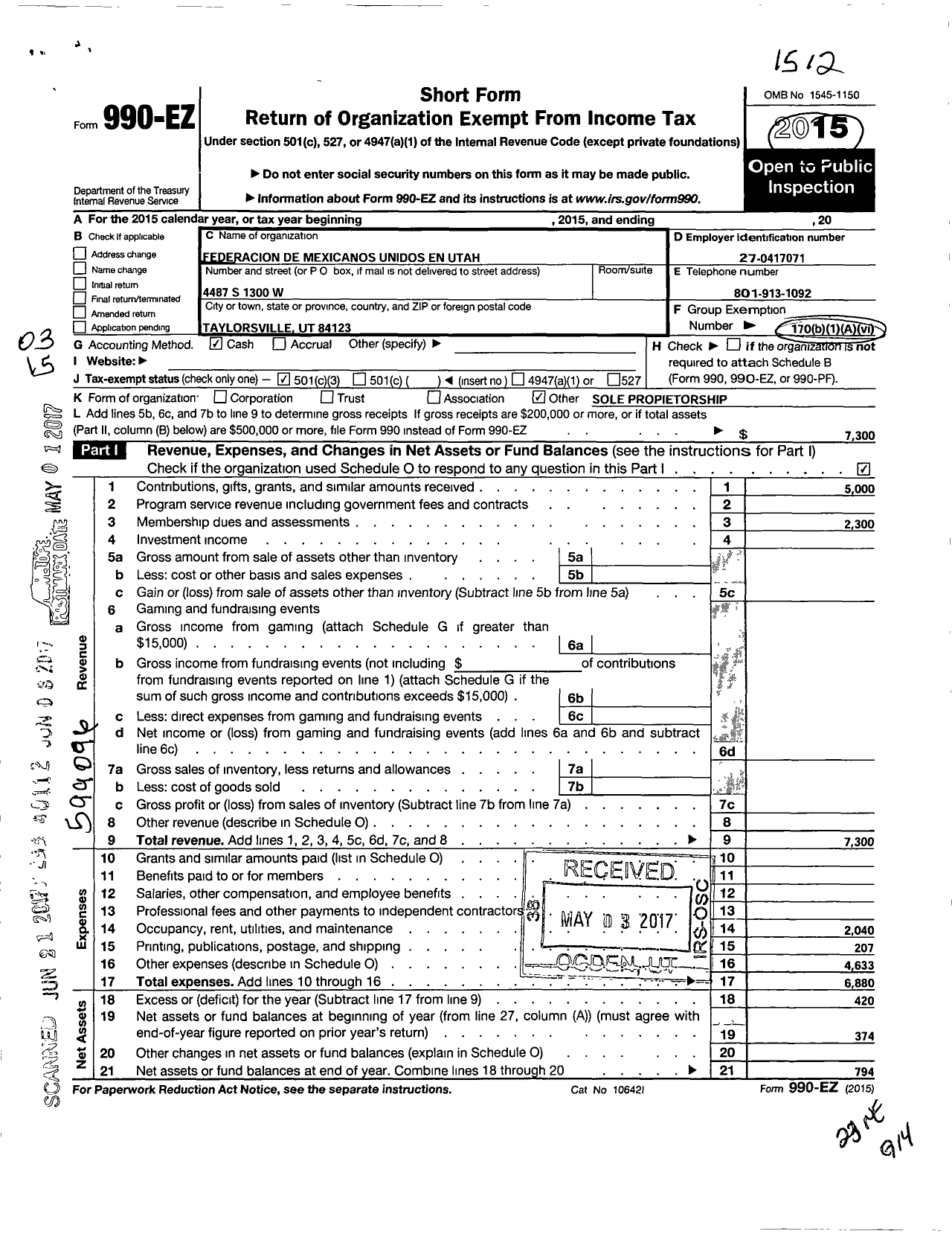 Image of first page of 2015 Form 990EZ for Federacion de Mexicanos Unidos En Utah