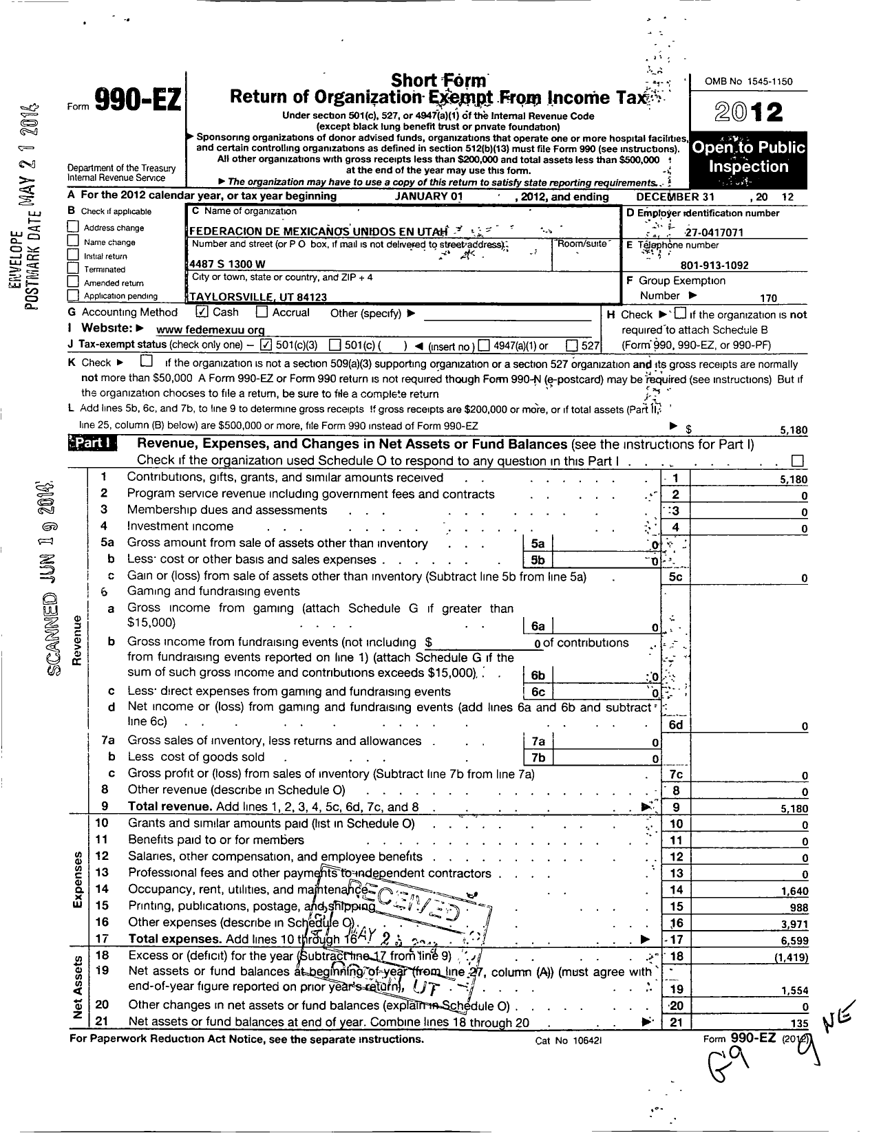 Image of first page of 2013 Form 990EZ for Federacion de Mexicanos Unidos En Utah