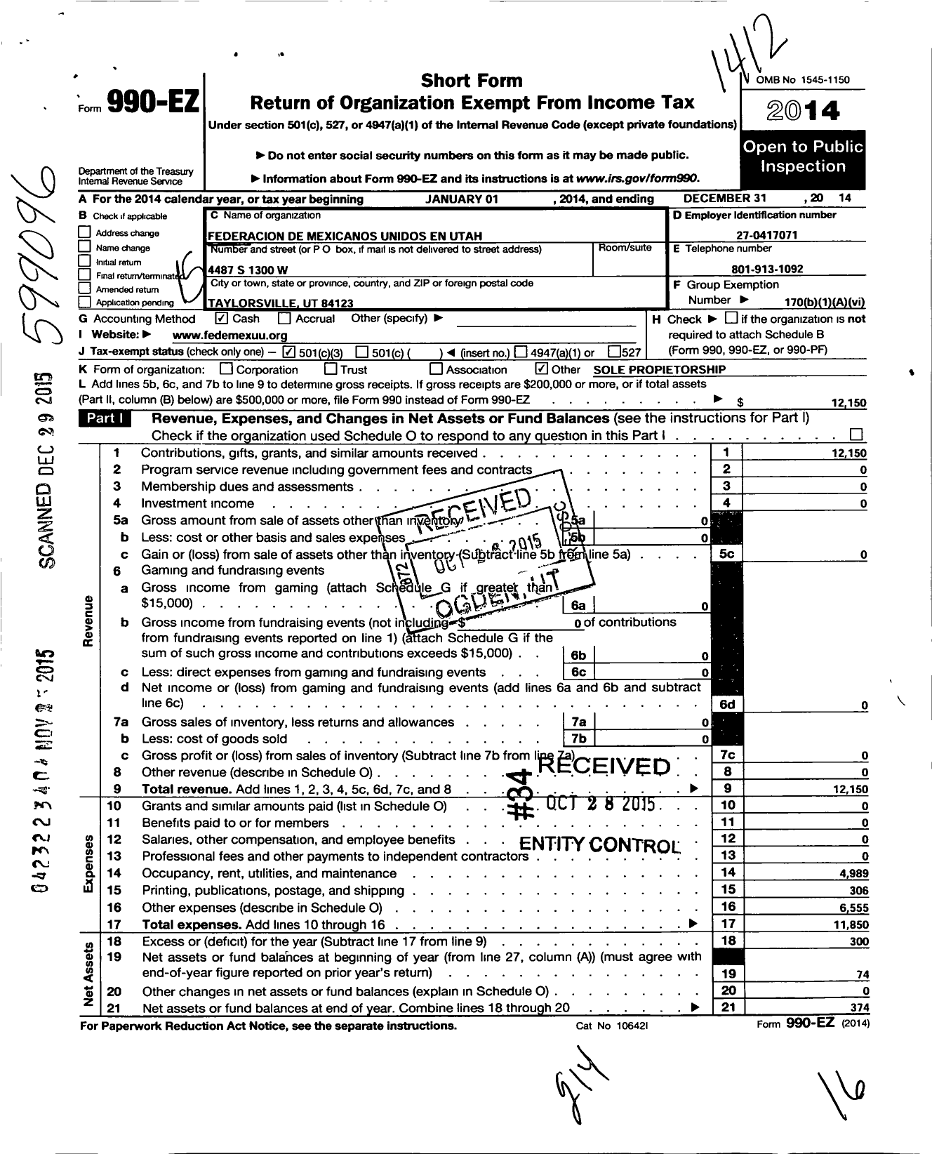 Image of first page of 2014 Form 990EZ for Federacion de Mexicanos Unidos En Utah