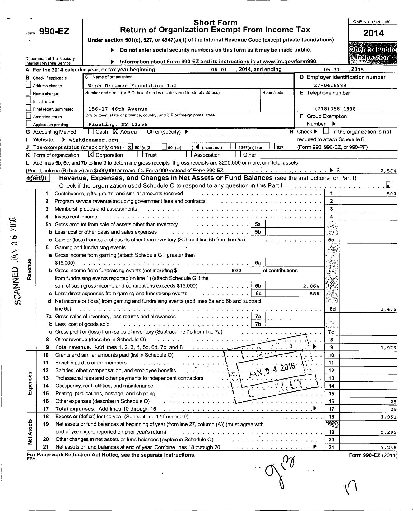 Image of first page of 2014 Form 990EZ for Wish Dreamer Foundation