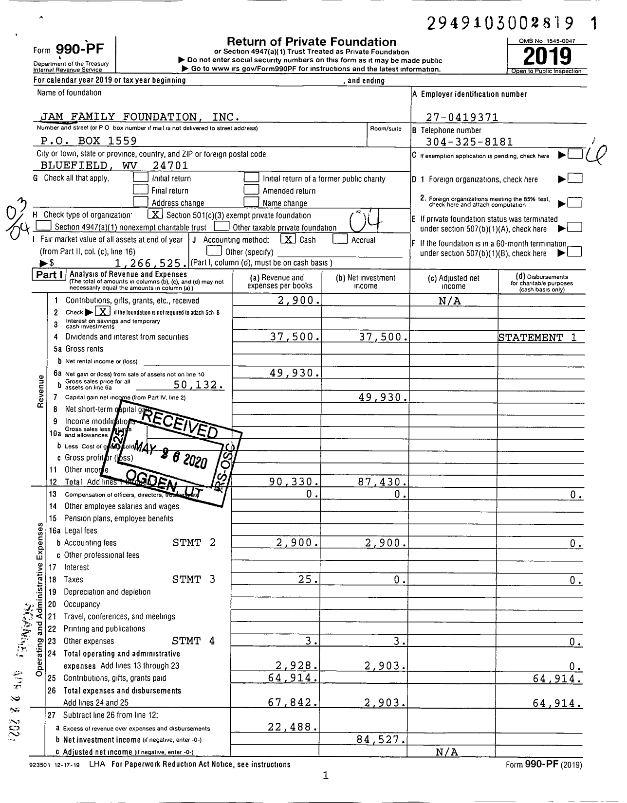 Image of first page of 2019 Form 990PF for Jam Family Foundation