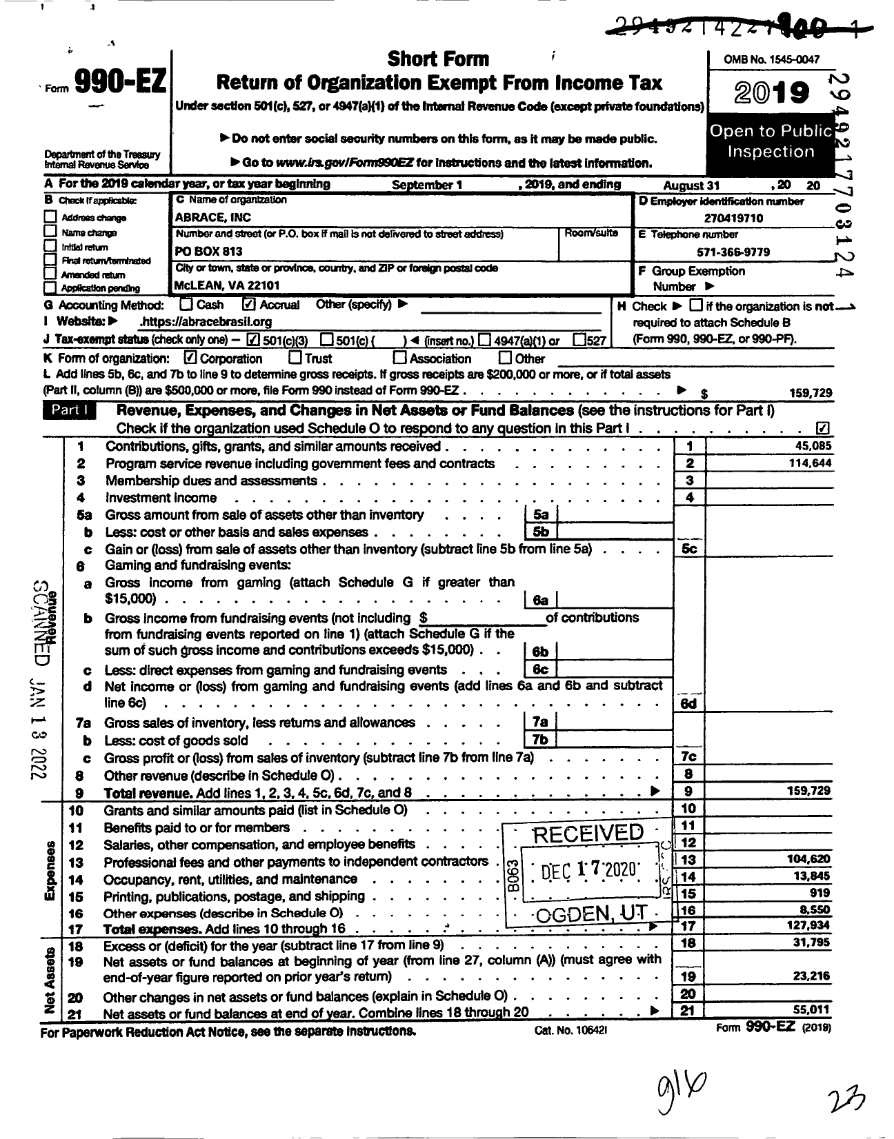 Image of first page of 2019 Form 990EZ for Abrace - Brazilian Association of Culture and Education