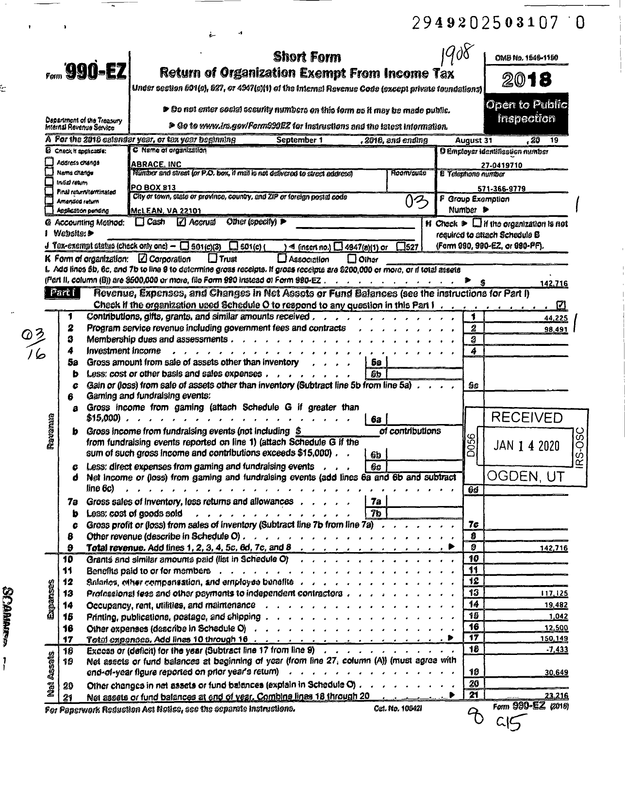 Image of first page of 2018 Form 990EZ for Abrace - Brazilian Association of Culture and Education