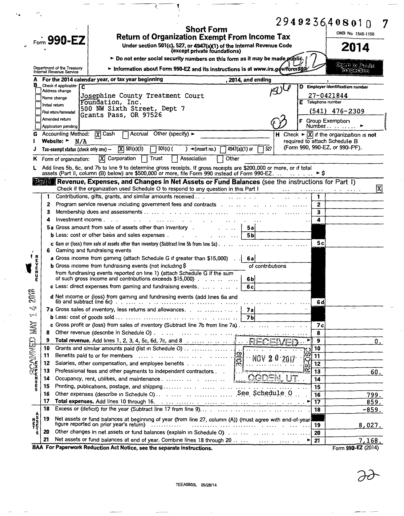 Image of first page of 2014 Form 990EZ for Josephine County Treatment Court Foundation