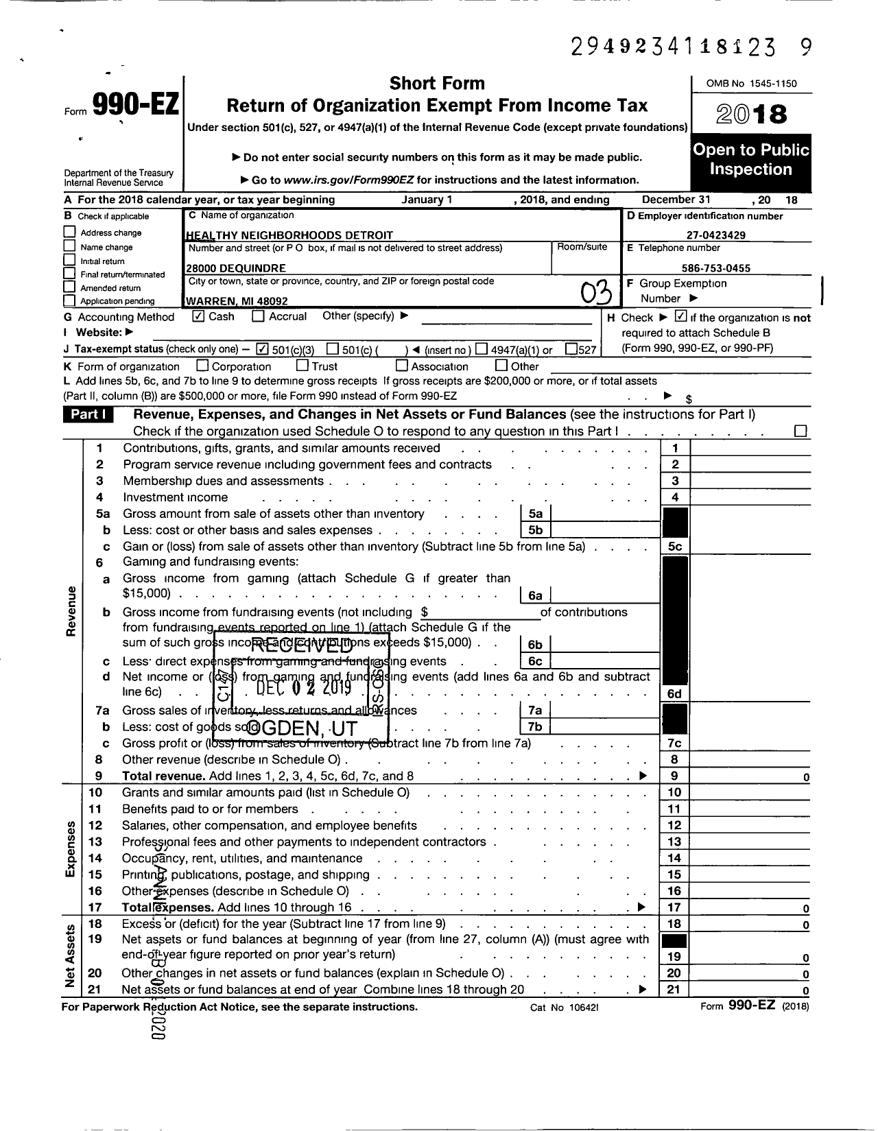 Image of first page of 2018 Form 990EZ for Healthy Neighborhoods - Detroit