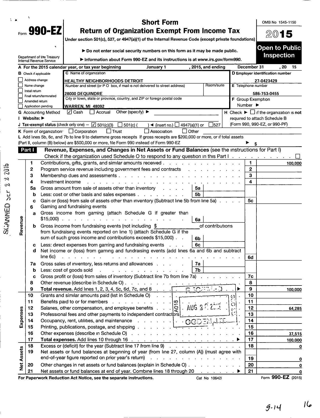 Image of first page of 2015 Form 990EZ for Healthy Neighborhoods - Detroit