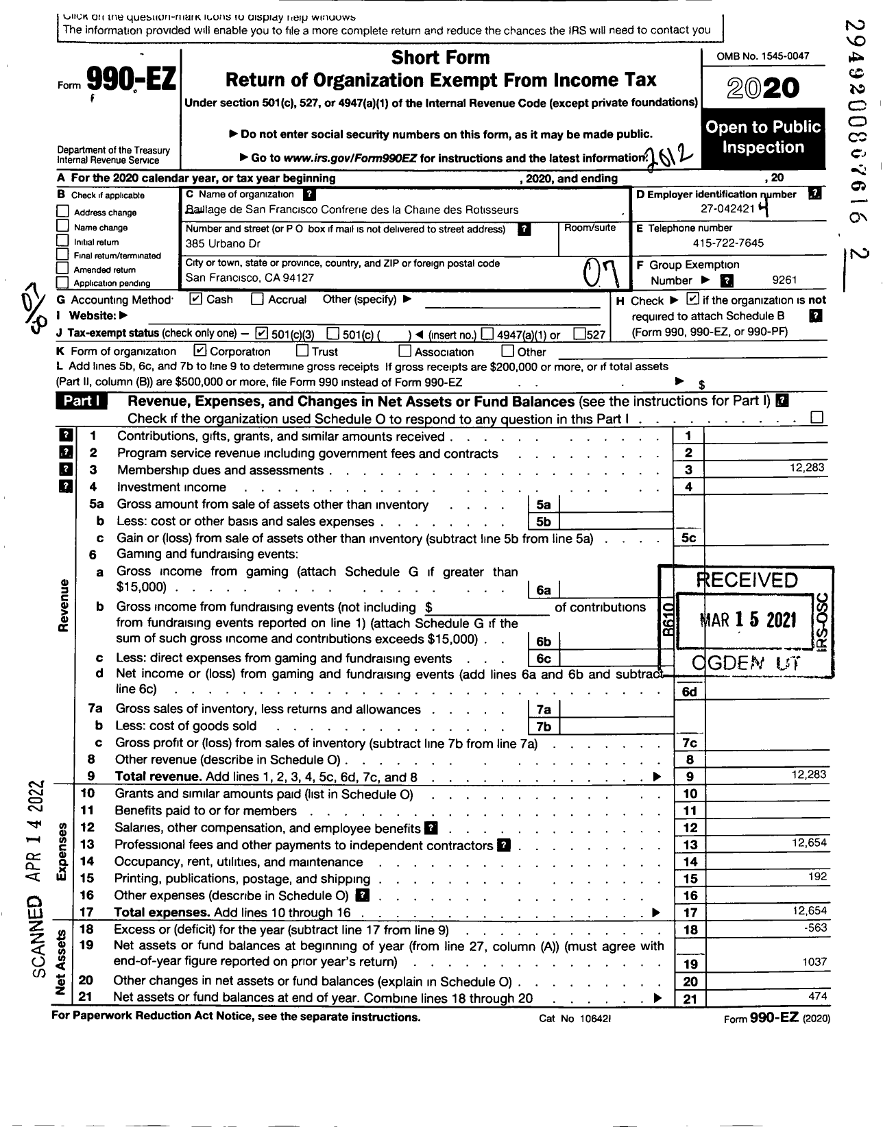 Image of first page of 2020 Form 990EO for Confrerie De-La-Chaine des Rotisseurs / Bailliage de San Francisco