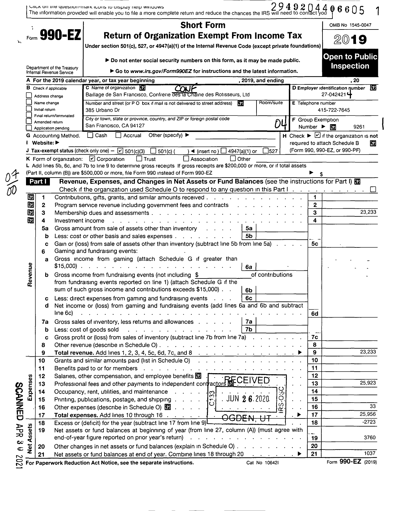 Image of first page of 2019 Form 990EO for Confrerie De-La-Chaine des Rotisseurs / Bailliage de San Francisco