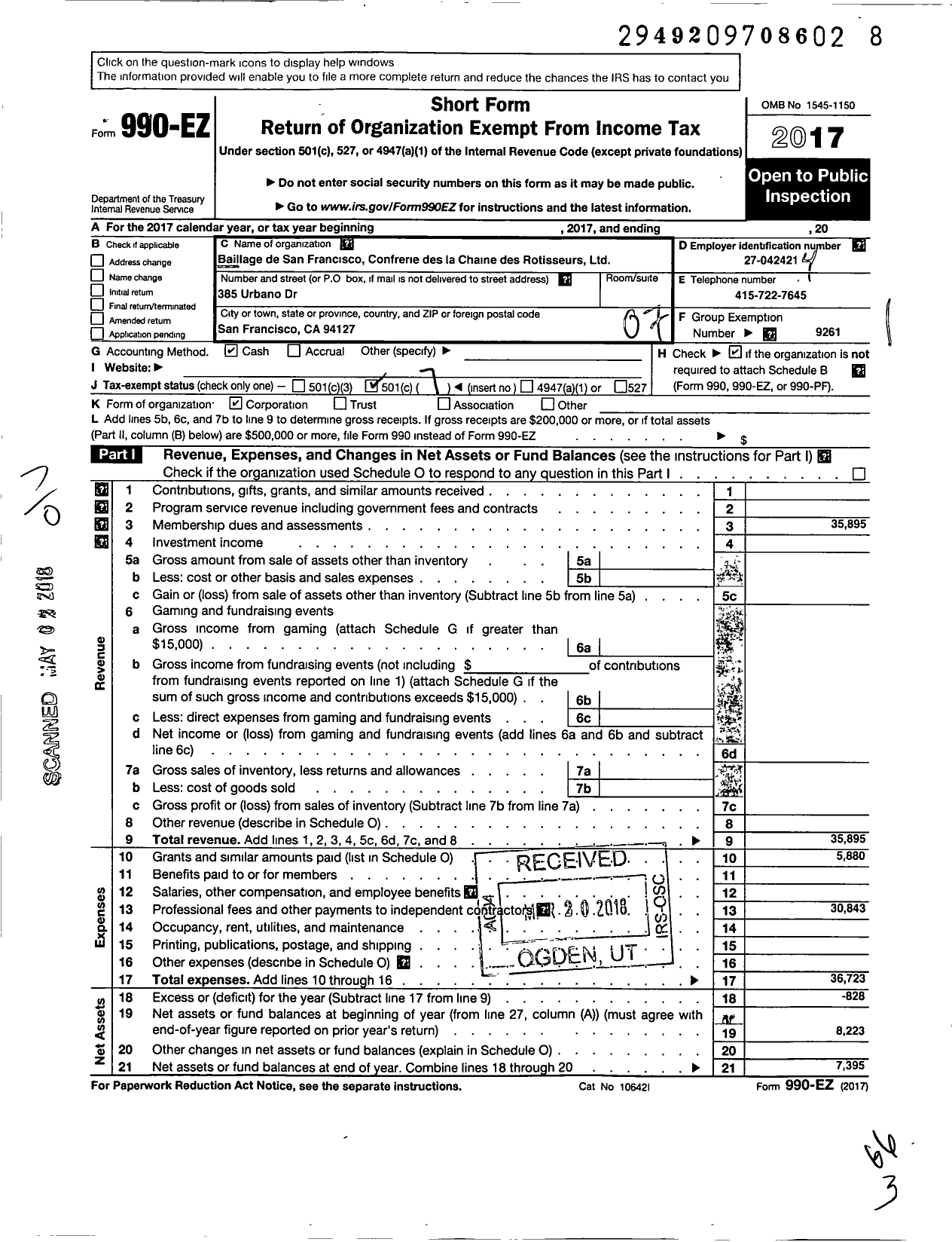 Image of first page of 2017 Form 990EO for Confrerie De-La-Chaine des Rotisseurs / Bailliage de San Francisco