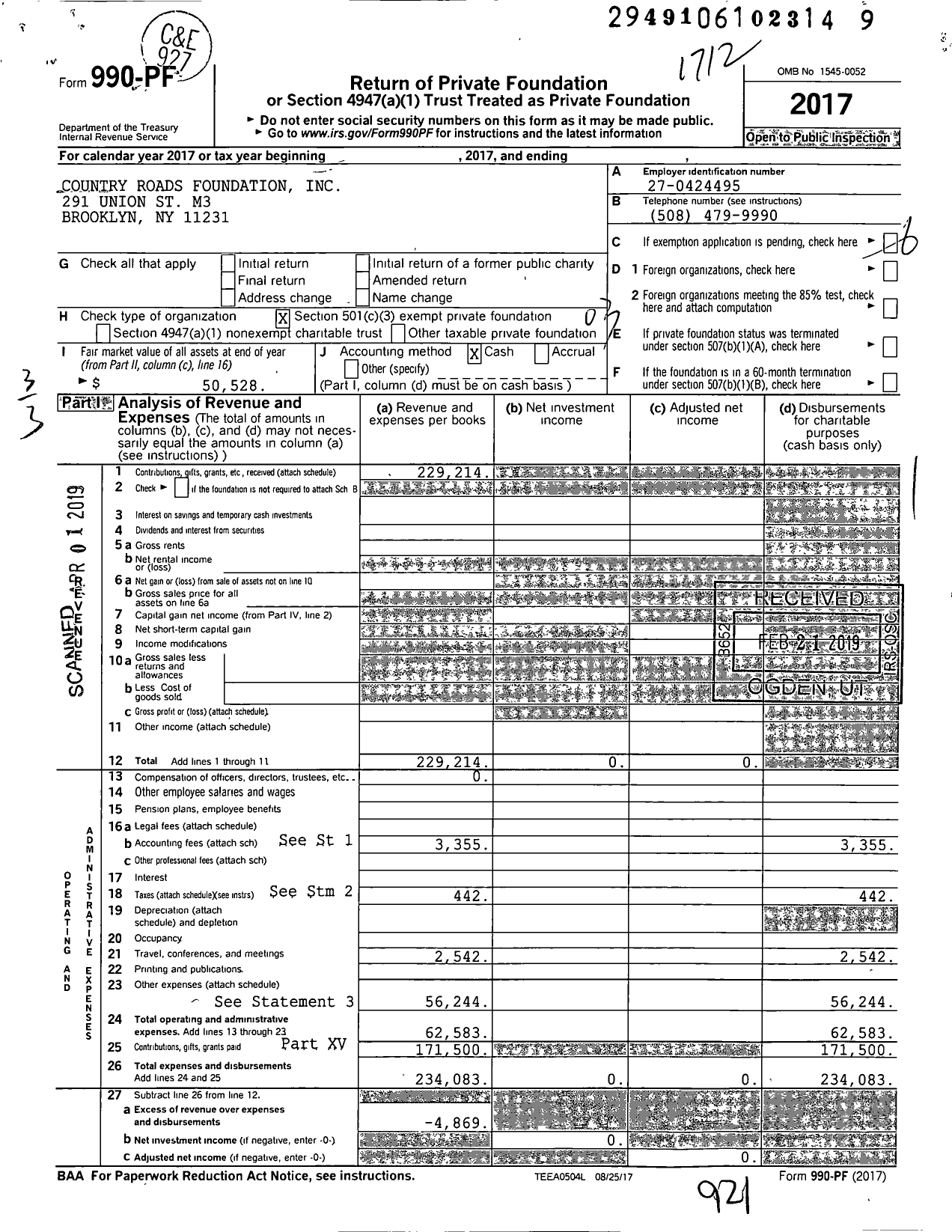 Image of first page of 2017 Form 990PF for Country Roads Foundation