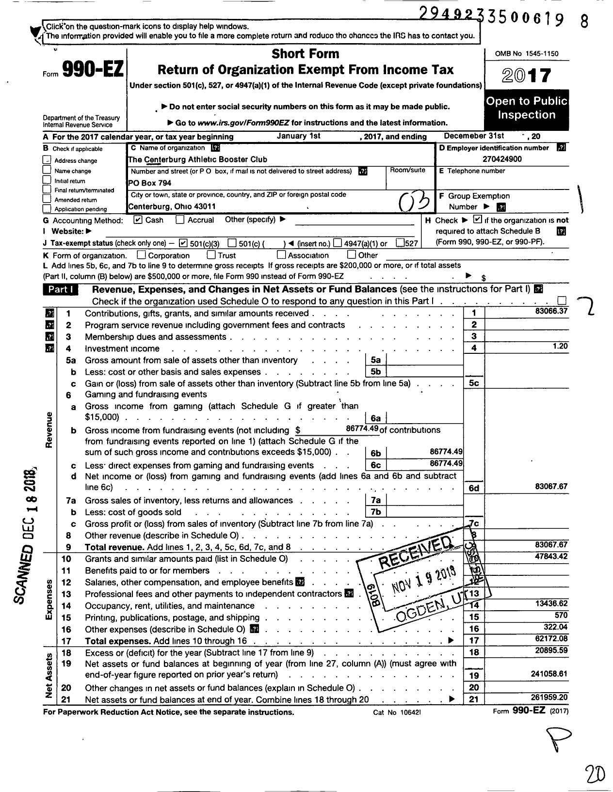 Image of first page of 2017 Form 990EZ for Centerburg Athletic Booster Club