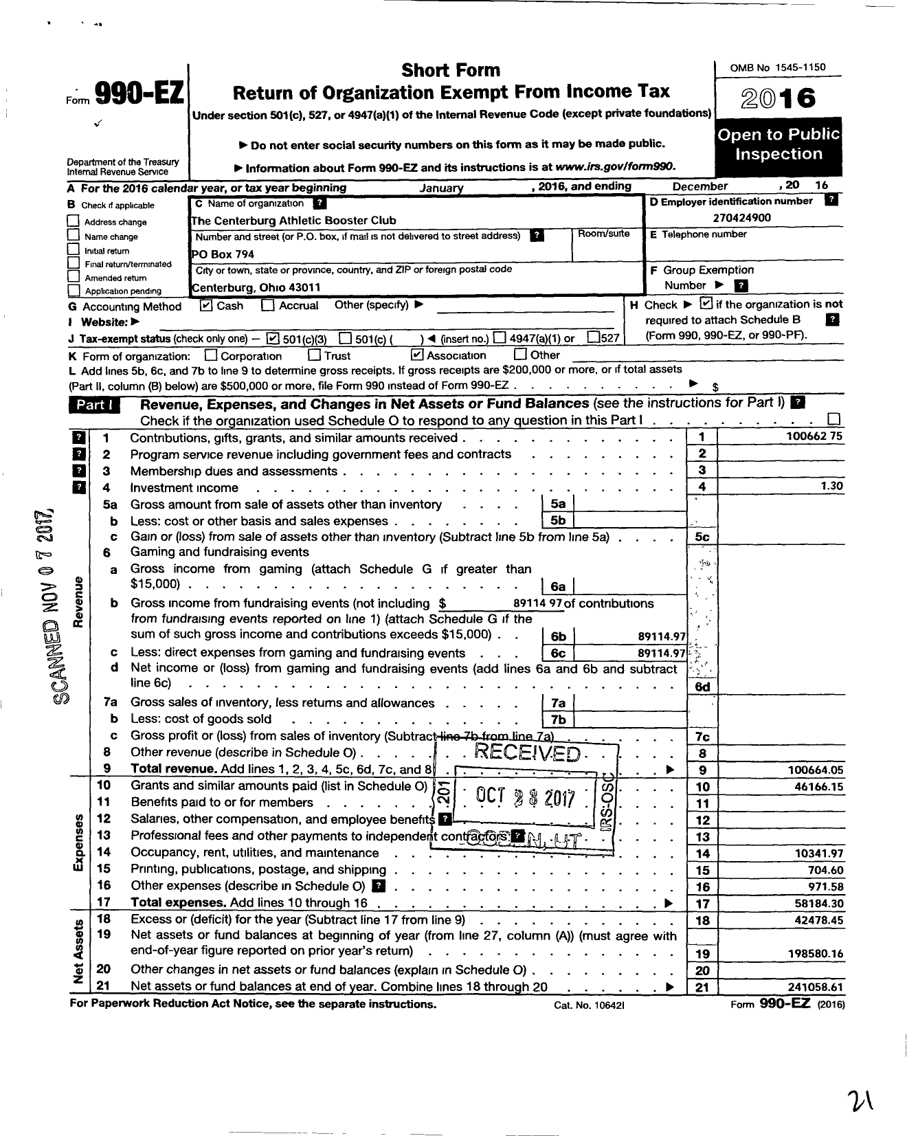 Image of first page of 2016 Form 990EZ for Centerburg Athletic Booster Club