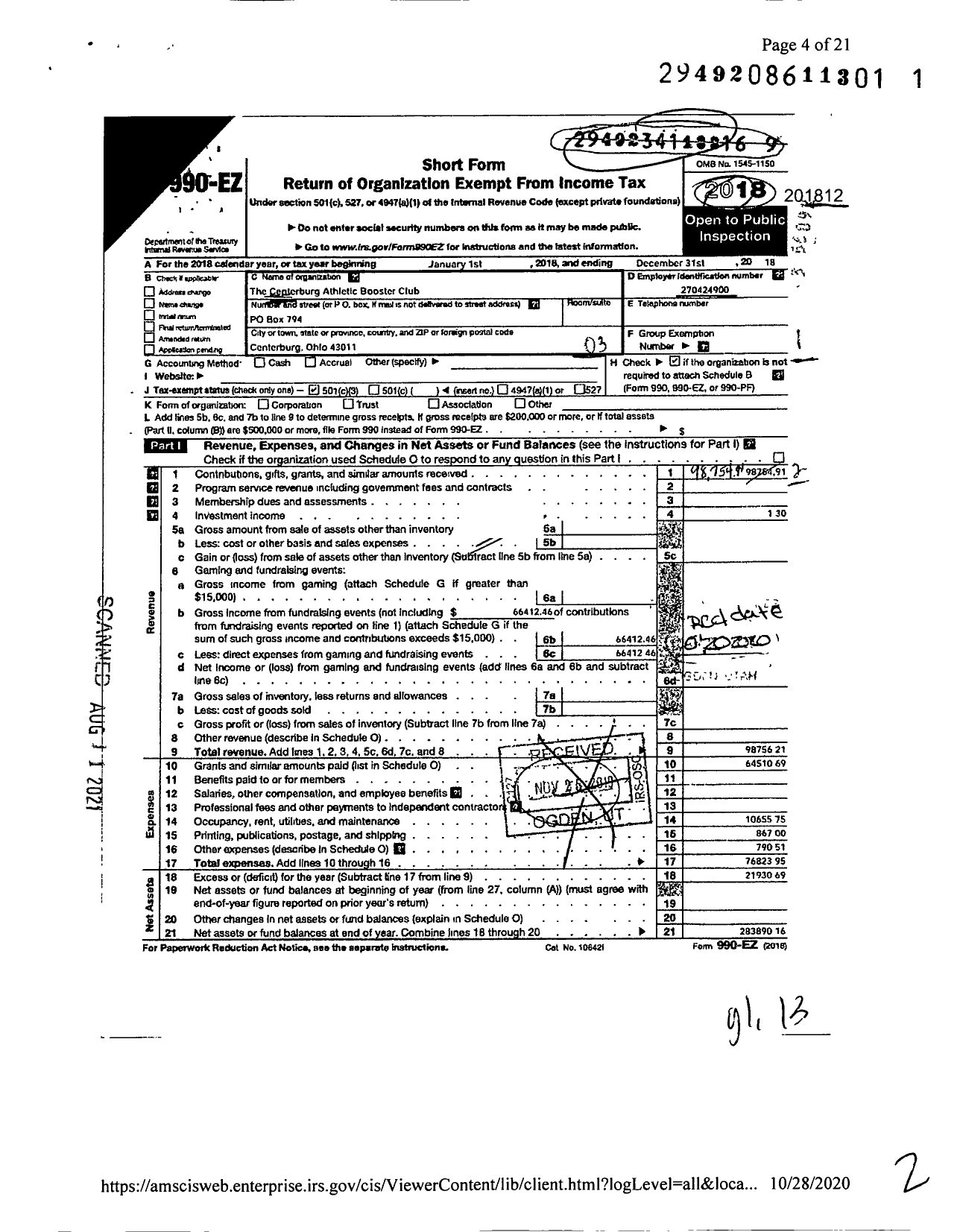 Image of first page of 2018 Form 990EZ for Centerburg Athletic Booster Club