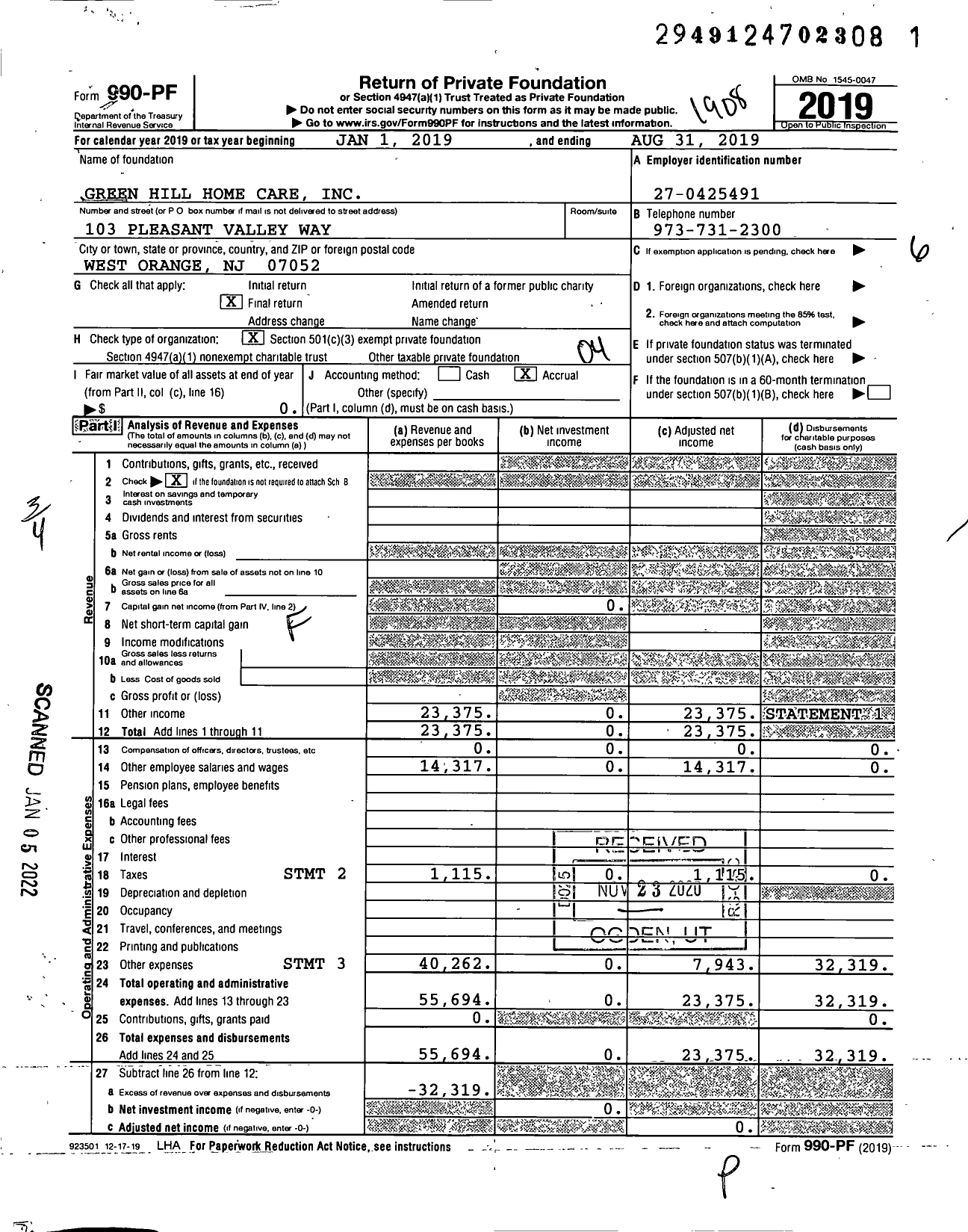 Image of first page of 2018 Form 990PF for Green Hill Home Care
