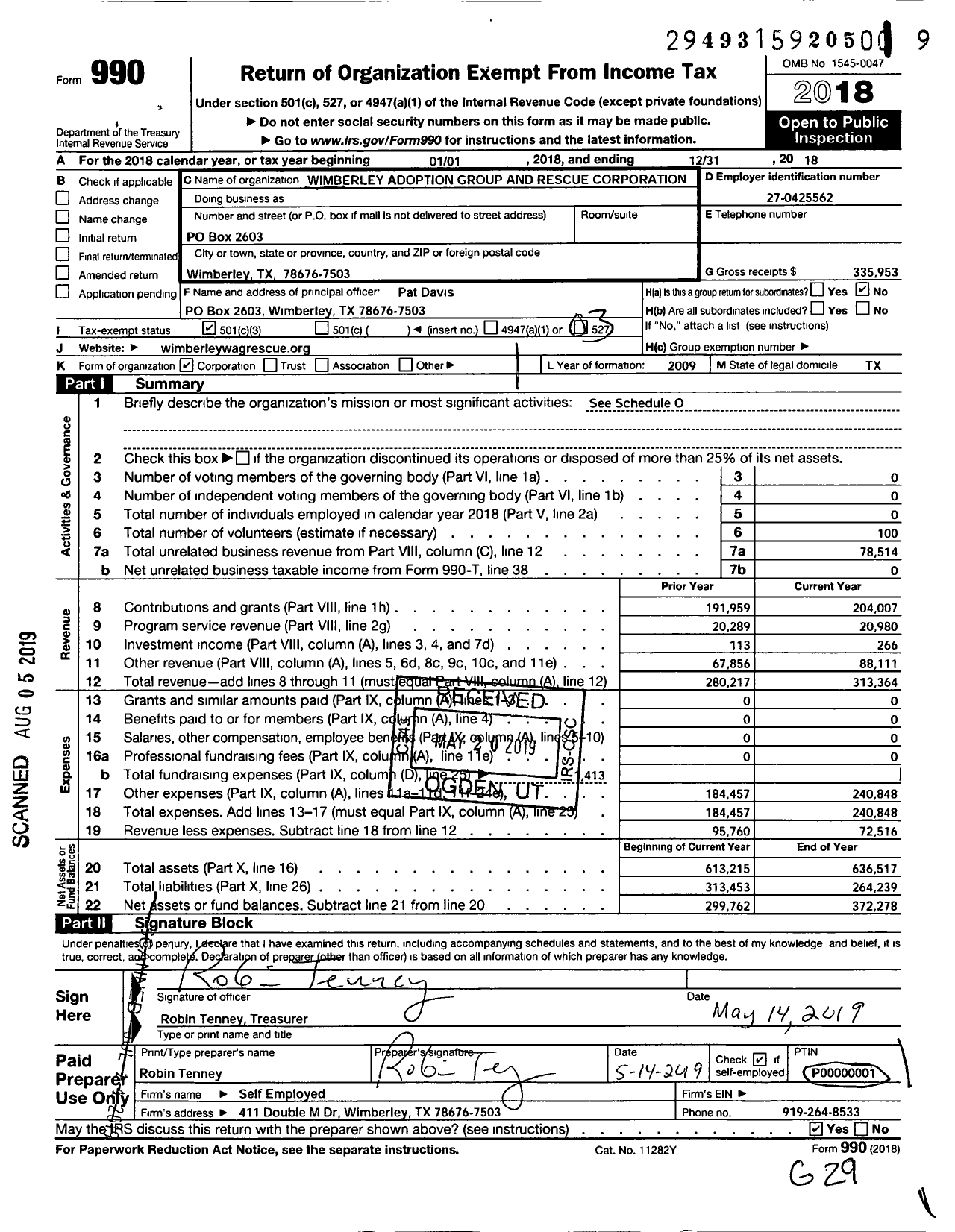 Image of first page of 2018 Form 990 for Wimberley Adoption Group and Rescue Corporation