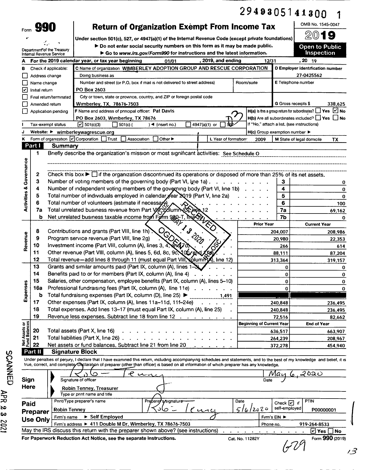 Image of first page of 2019 Form 990 for Wimberley Adoption Group and Rescue Corporation