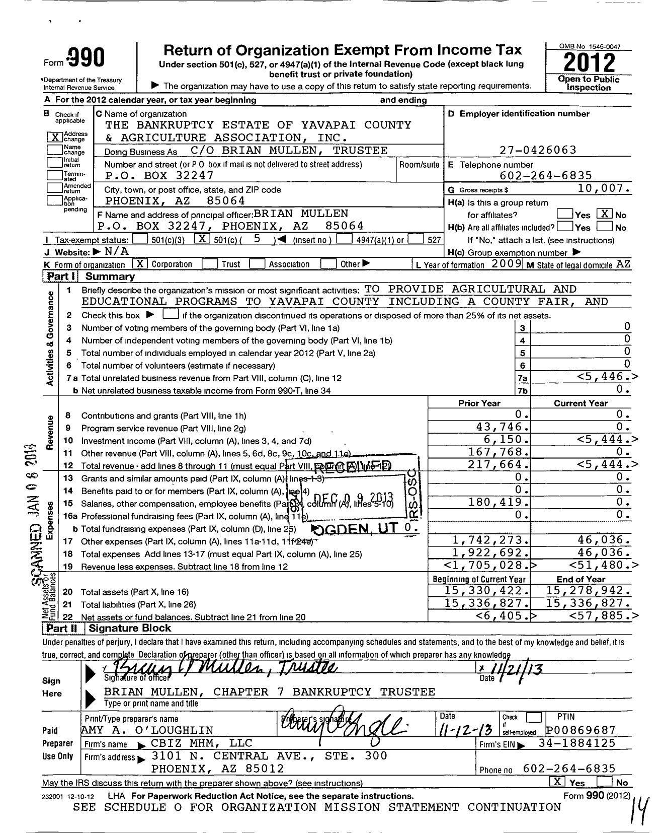 Image of first page of 2012 Form 990O for Yavapai County Farm and Agriculture Association