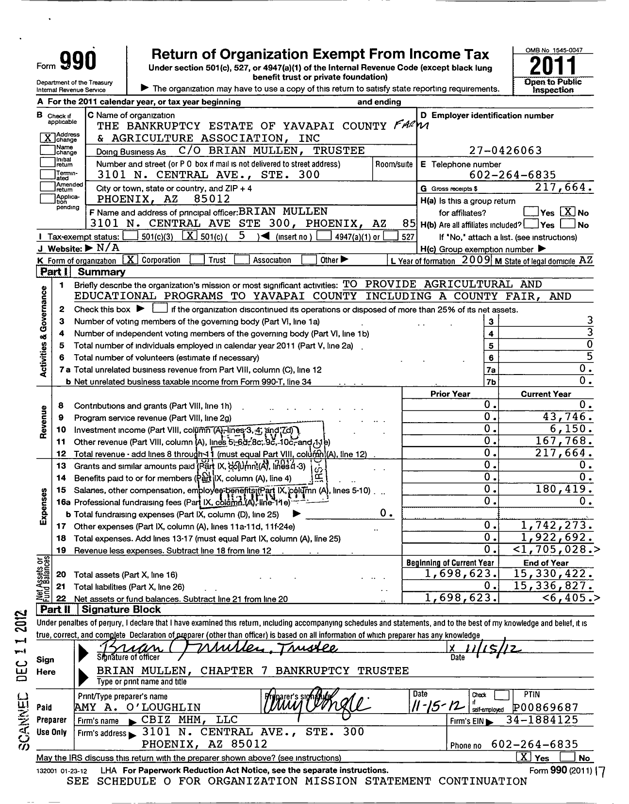 Image of first page of 2011 Form 990O for Yavapai County Farm and Agriculture Association