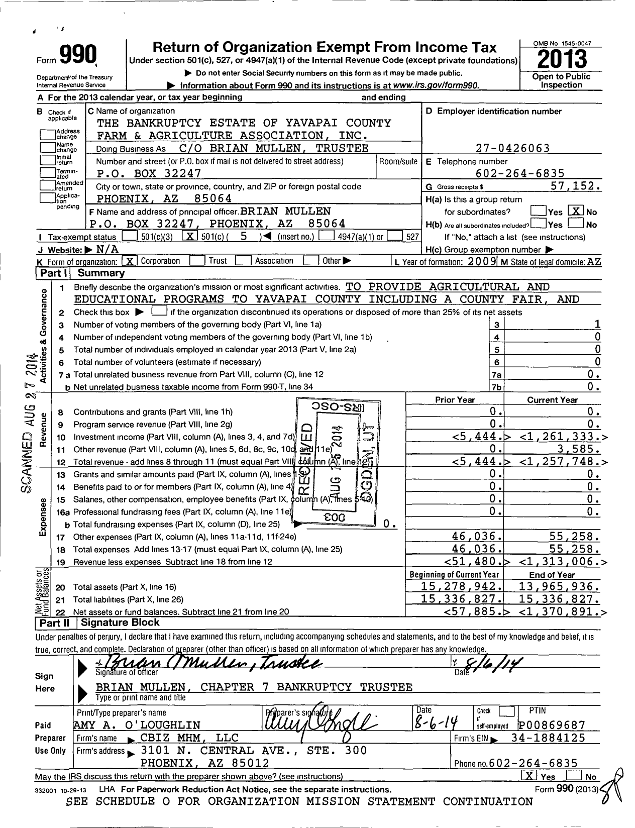 Image of first page of 2013 Form 990O for Yavapai County Farm and Agriculture Association