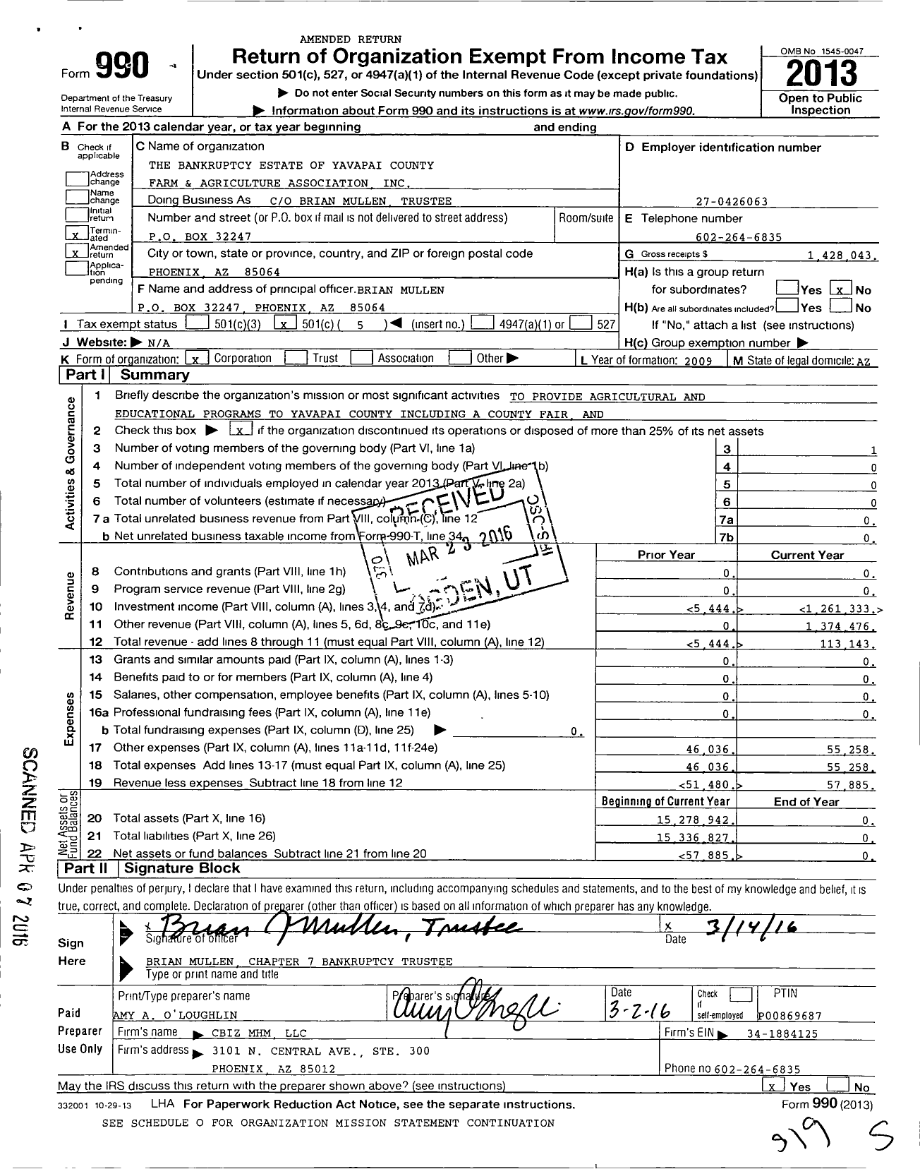 Image of first page of 2013 Form 990O for Yavapai County Farm and Agriculture Association