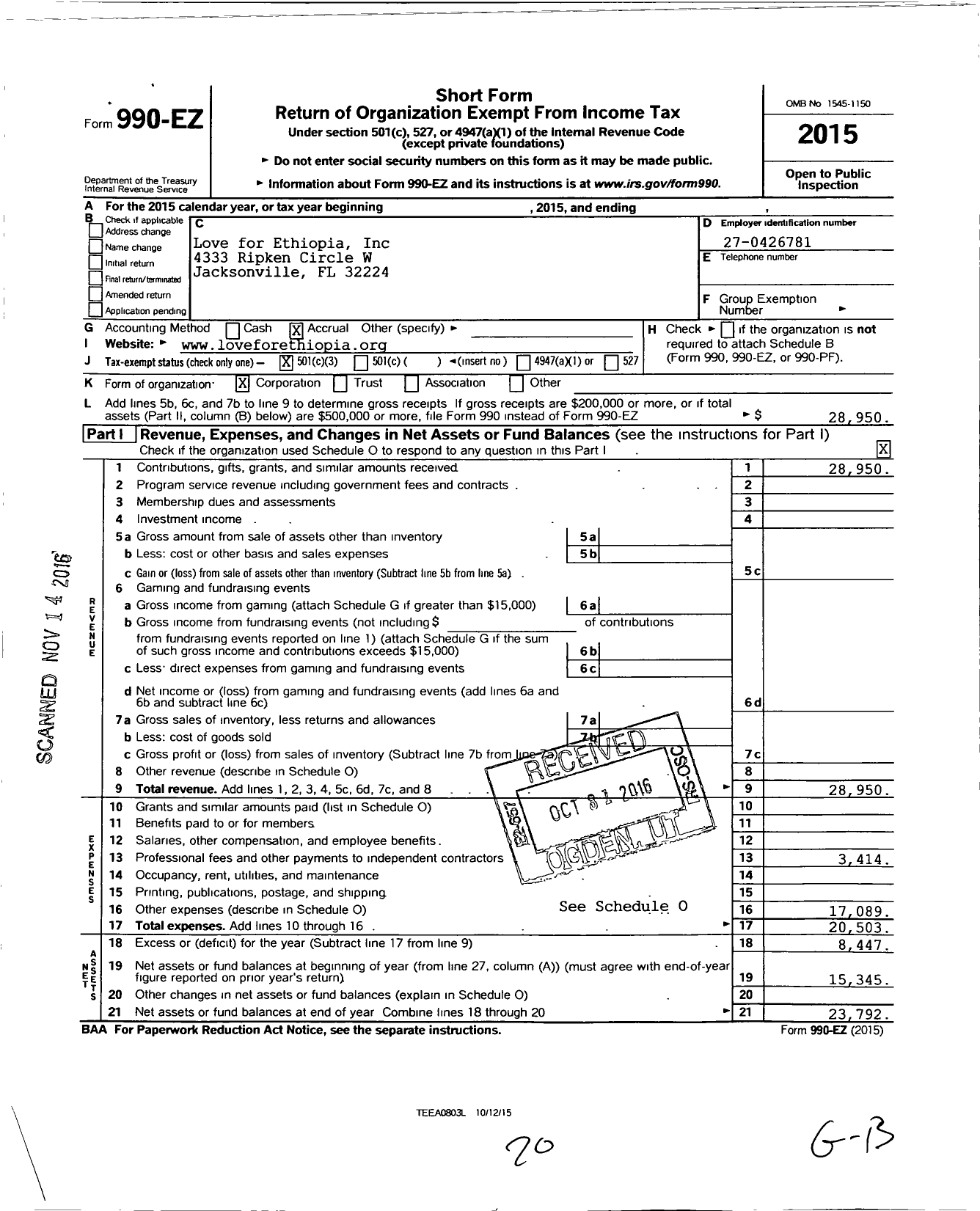 Image of first page of 2015 Form 990EZ for Love for Ethiopia