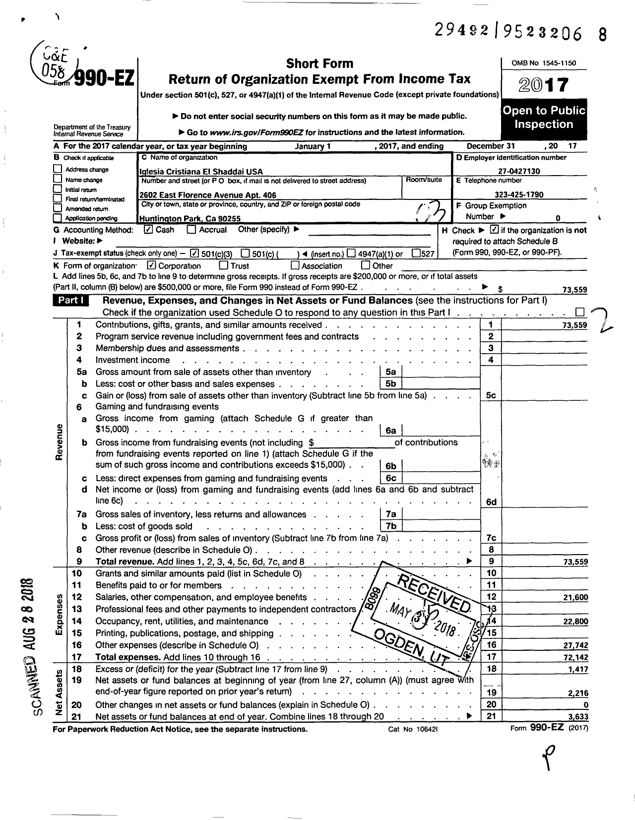 Image of first page of 2017 Form 990EZ for Iglesia Cristiana El Shaddai USA