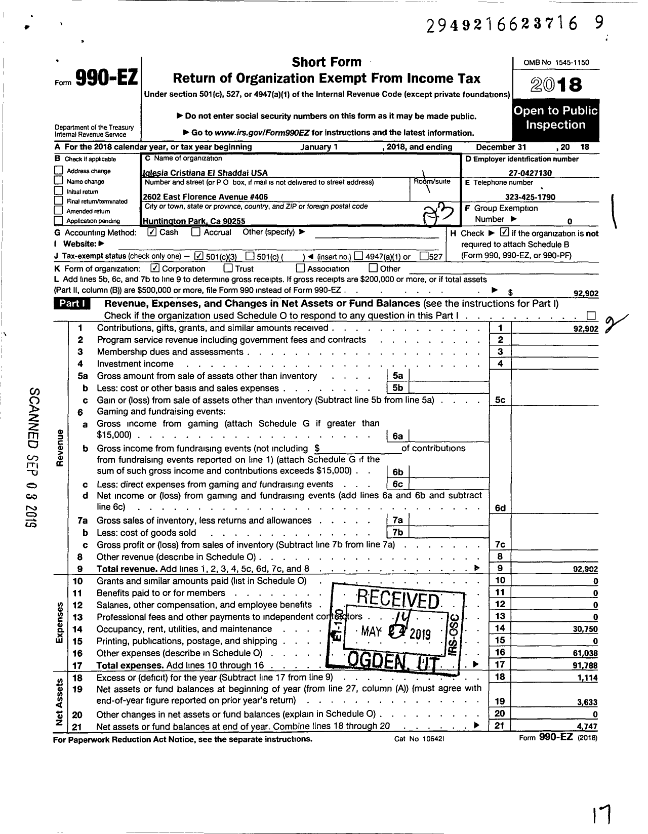 Image of first page of 2018 Form 990EZ for Iglesia Cristiana El Shaddai USA