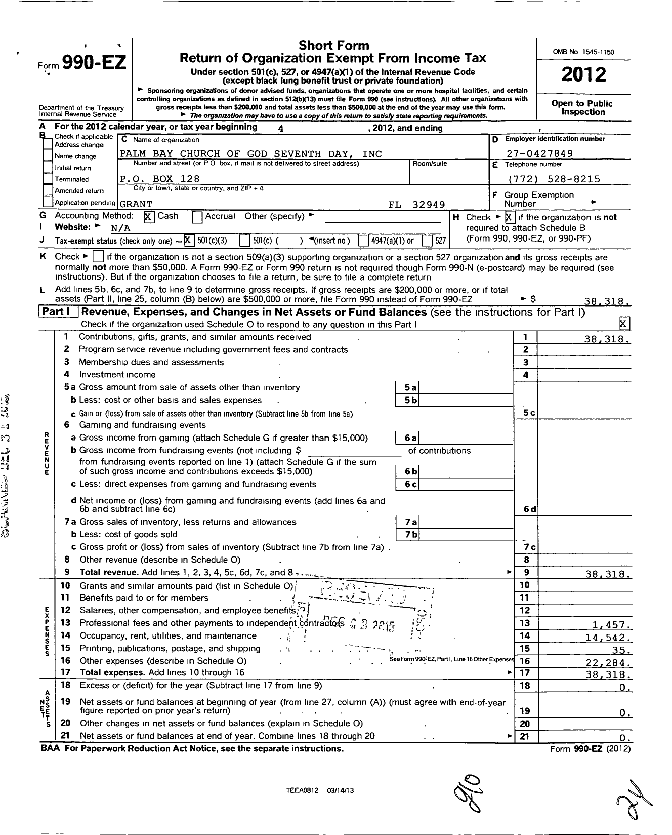 Image of first page of 2012 Form 990EZ for Palm Bay Church of God Seventh Day