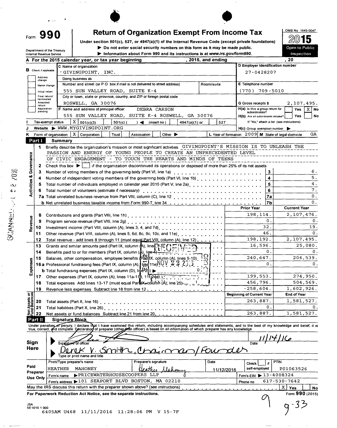 Image of first page of 2015 Form 990 for GivingPoint