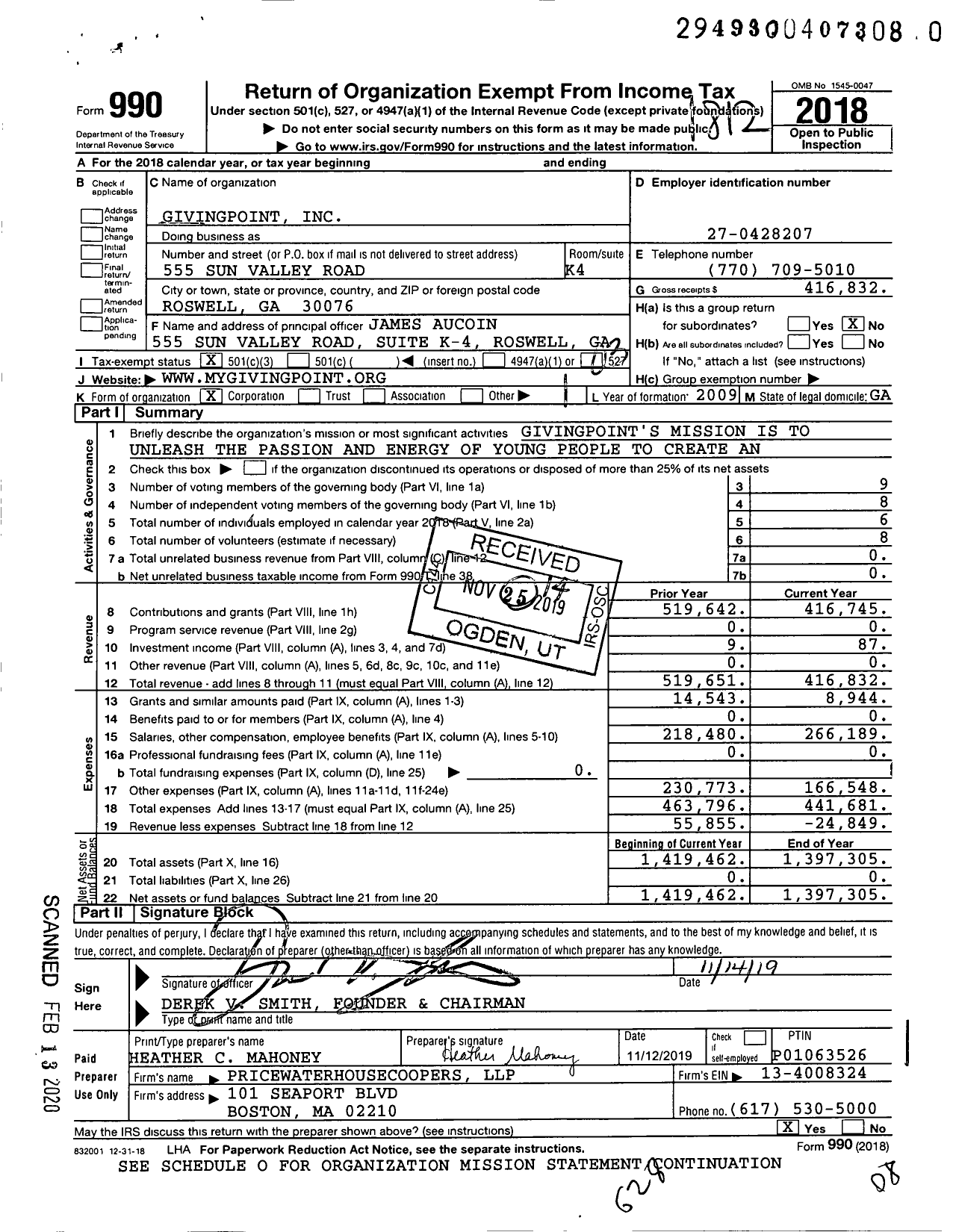 Image of first page of 2018 Form 990 for GivingPoint