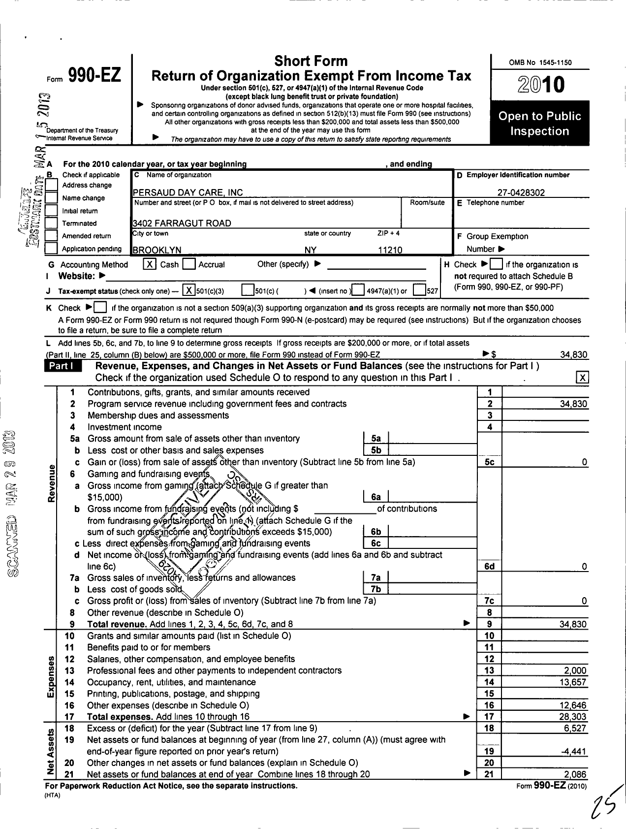 Image of first page of 2010 Form 990EZ for Persaud Day Care