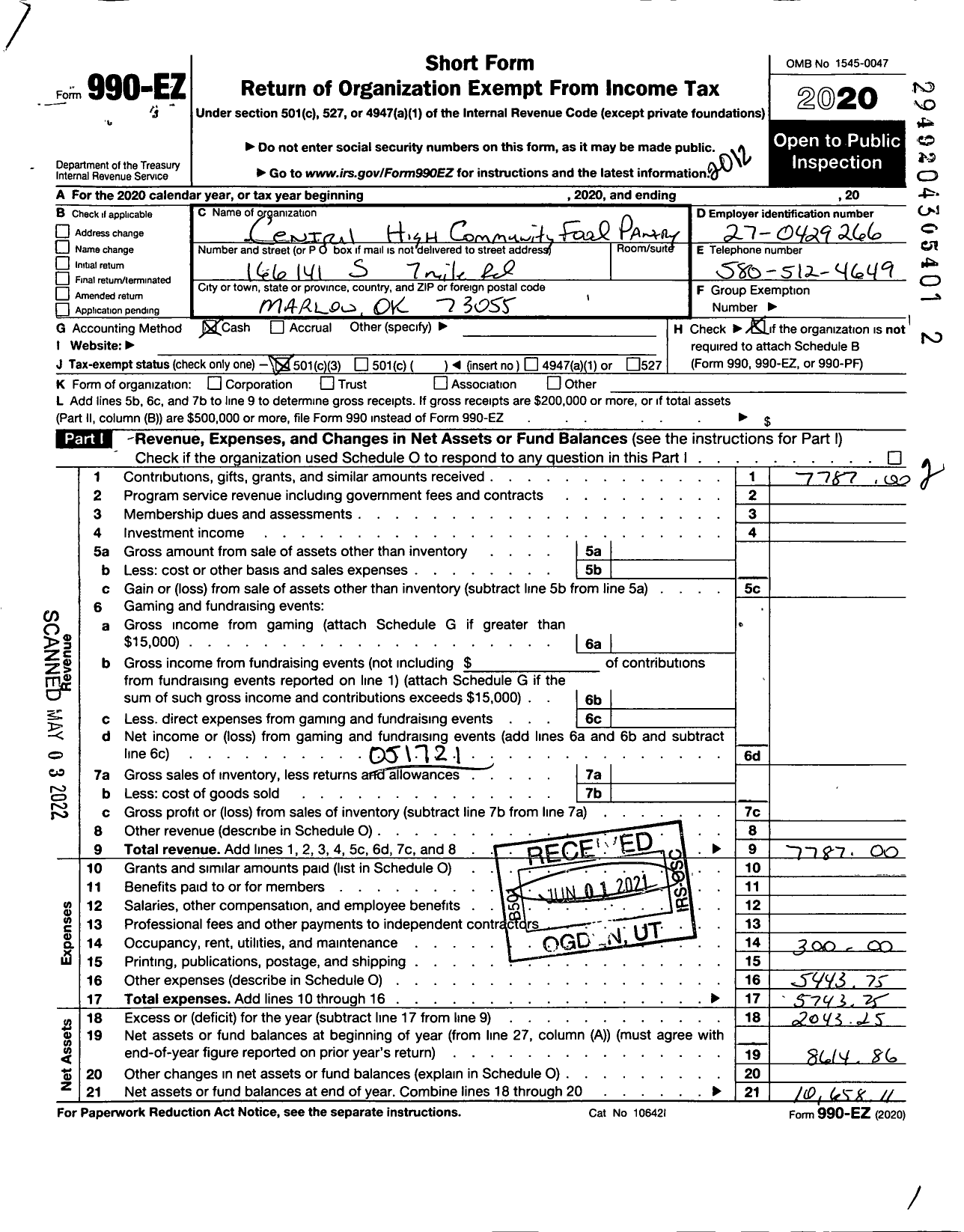 Image of first page of 2020 Form 990EZ for Central High Community Food Pantry