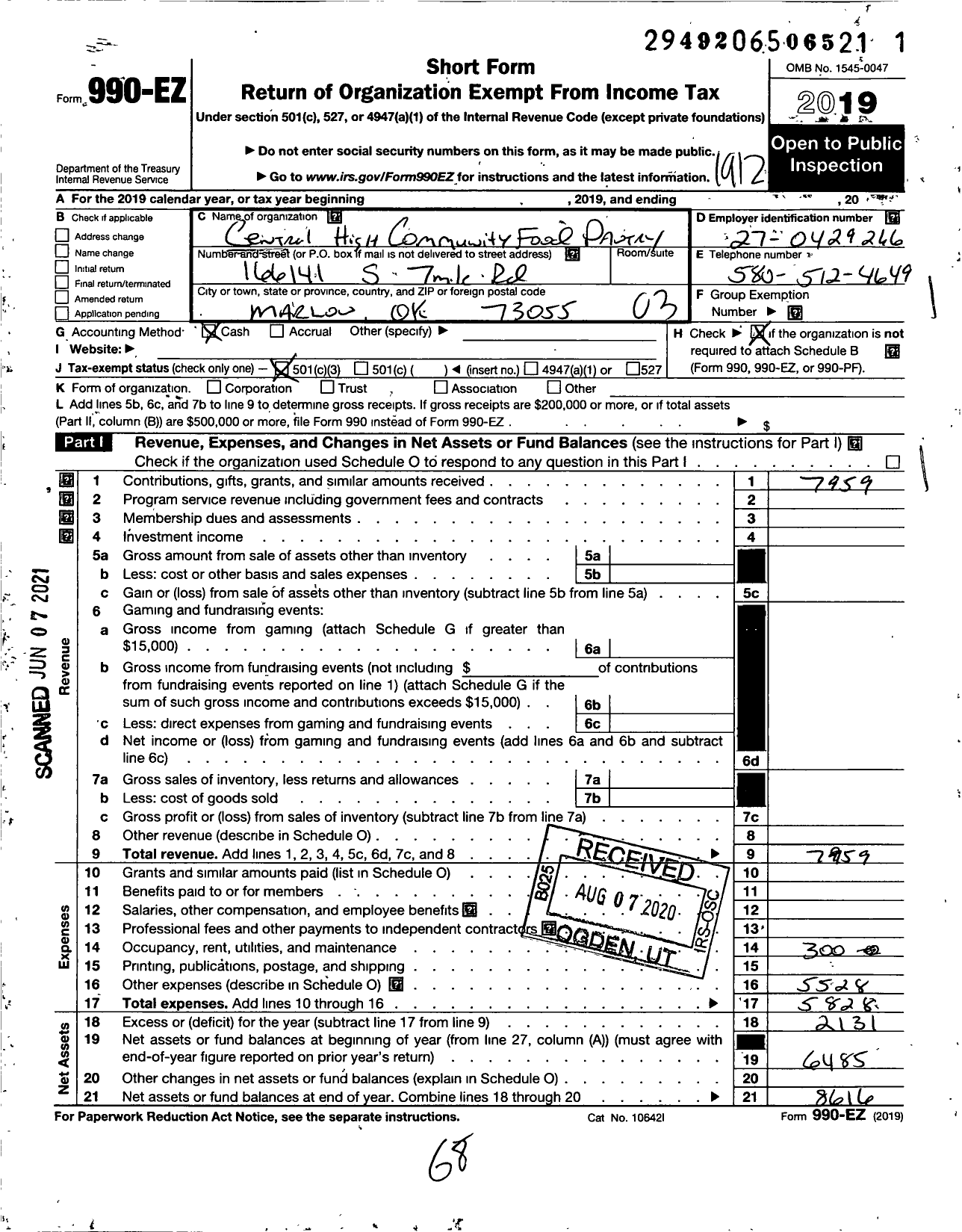 Image of first page of 2019 Form 990EZ for Central High Community Food Pantry