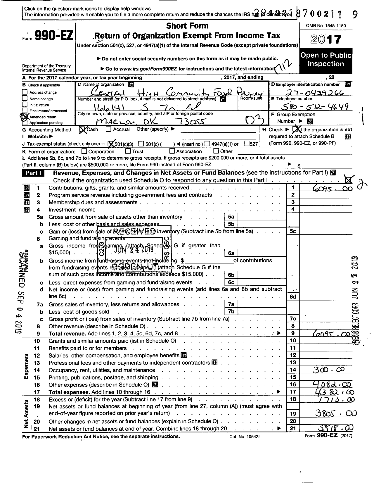 Image of first page of 2017 Form 990EZ for Central High Community Food Pantry