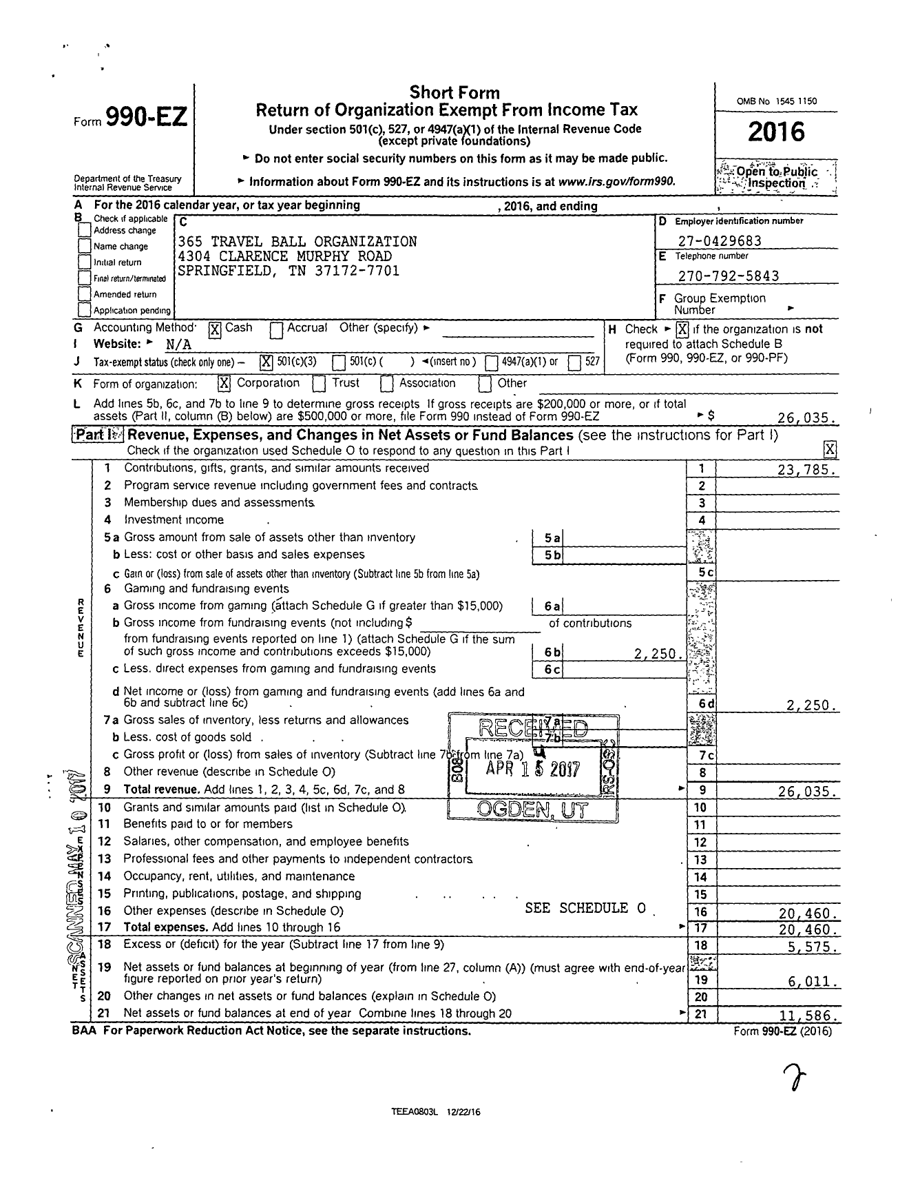 Image of first page of 2016 Form 990EZ for Old Hickory Travel Ball Organization